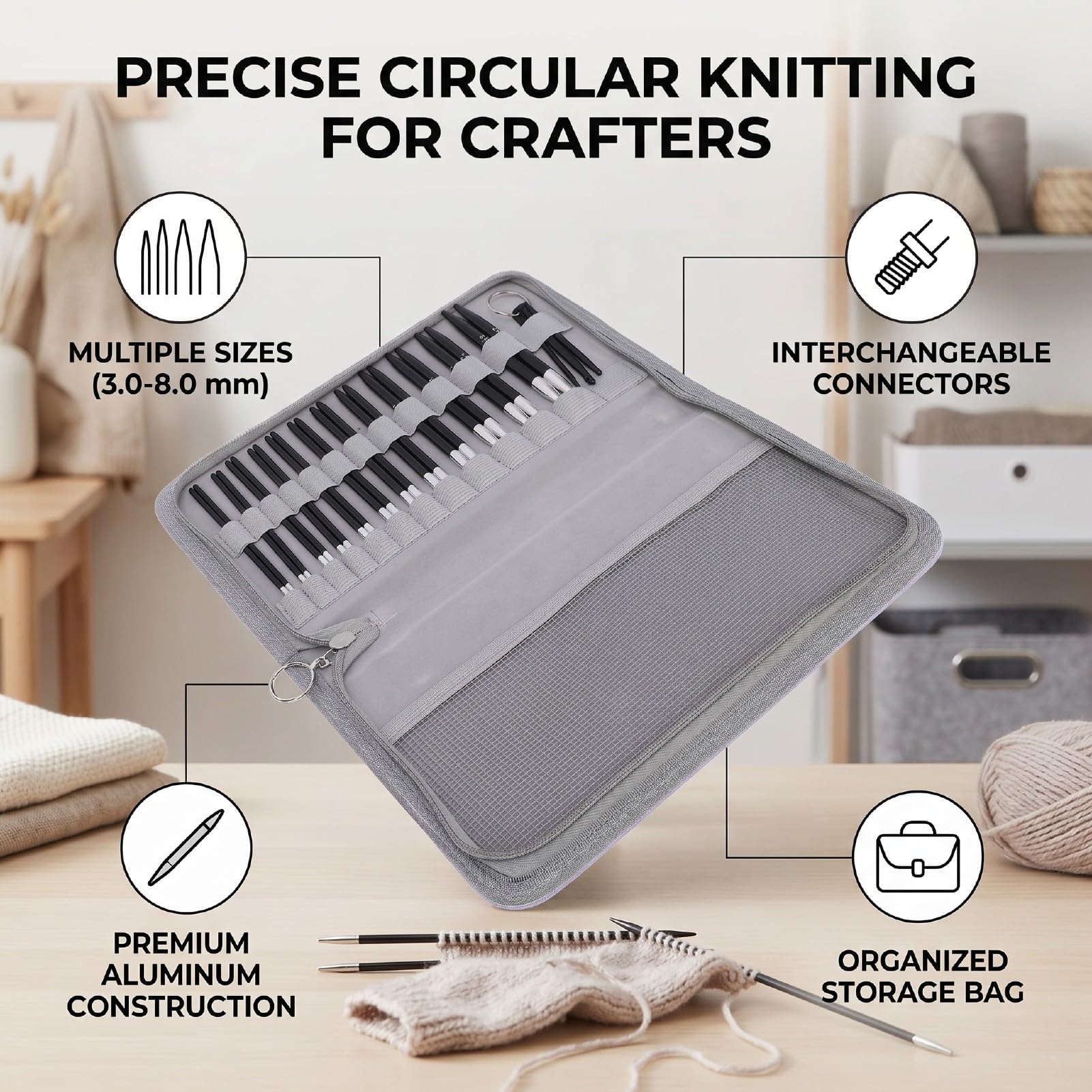 Cryfokt Austauschbares Stricknadel-Set, 12 Paar, 3–8 Mm, mit Kabeln, Leichtes Rundstricknadel-Set aus Aluminium Zum Stricken von Socken, Babymützen und Anderen Kleinen Projekten