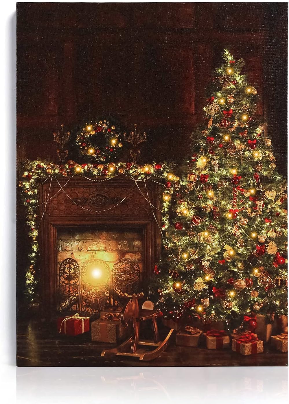 NIKKY HOME 16" x 12" Christmas LED Lighted Canvas Wall Art Prints Light Up Tree Wreath Fireplace Picture for Holiday Decor