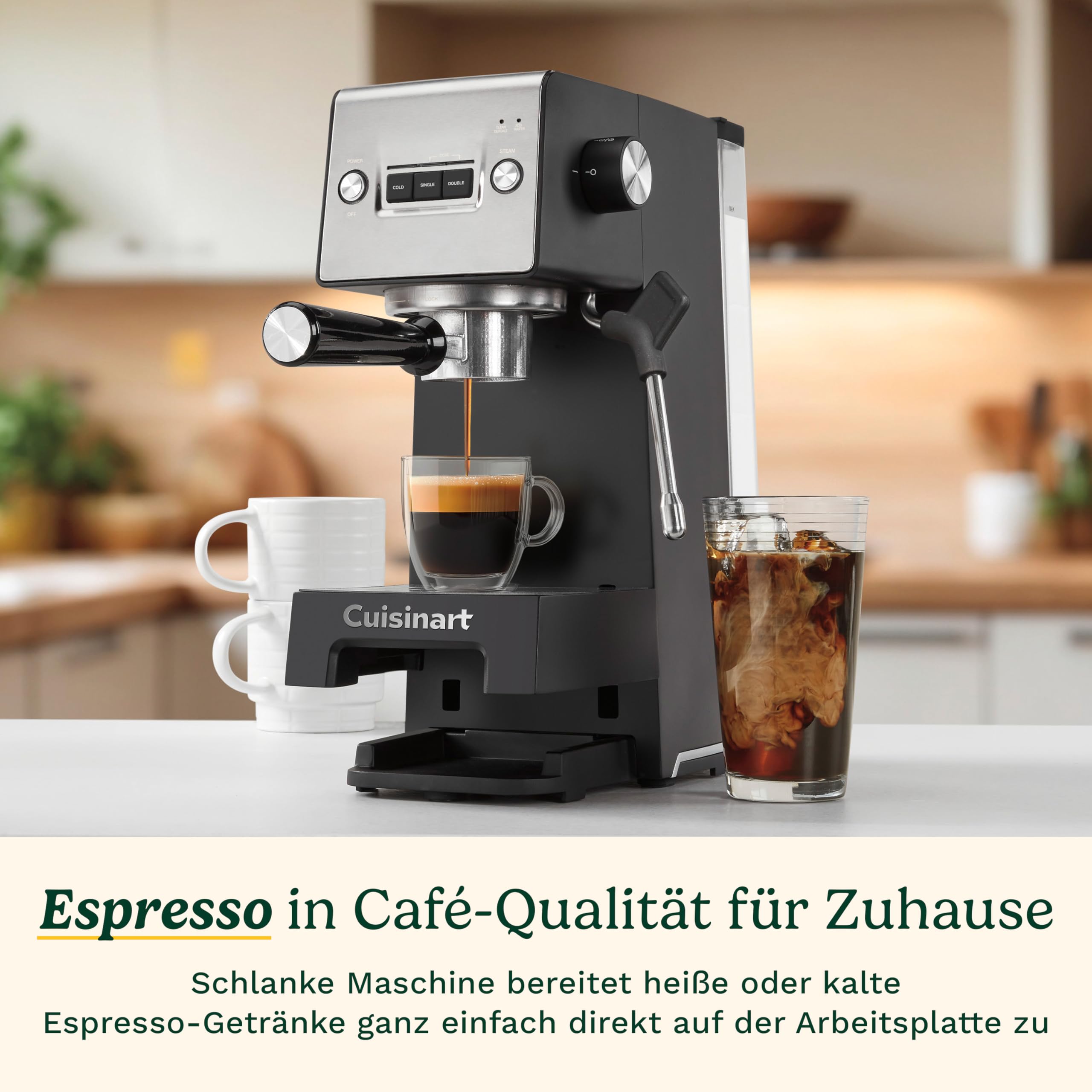 Cuisinart Slim Kaffeemaschine | Espresso, Americano, Cold Brew | Integrierter Milchaufschäumer | 15 Bar | Siebträger ohne Boden | kompakt | Reisebecher | 1,5L Tank, Edelstahl Slim