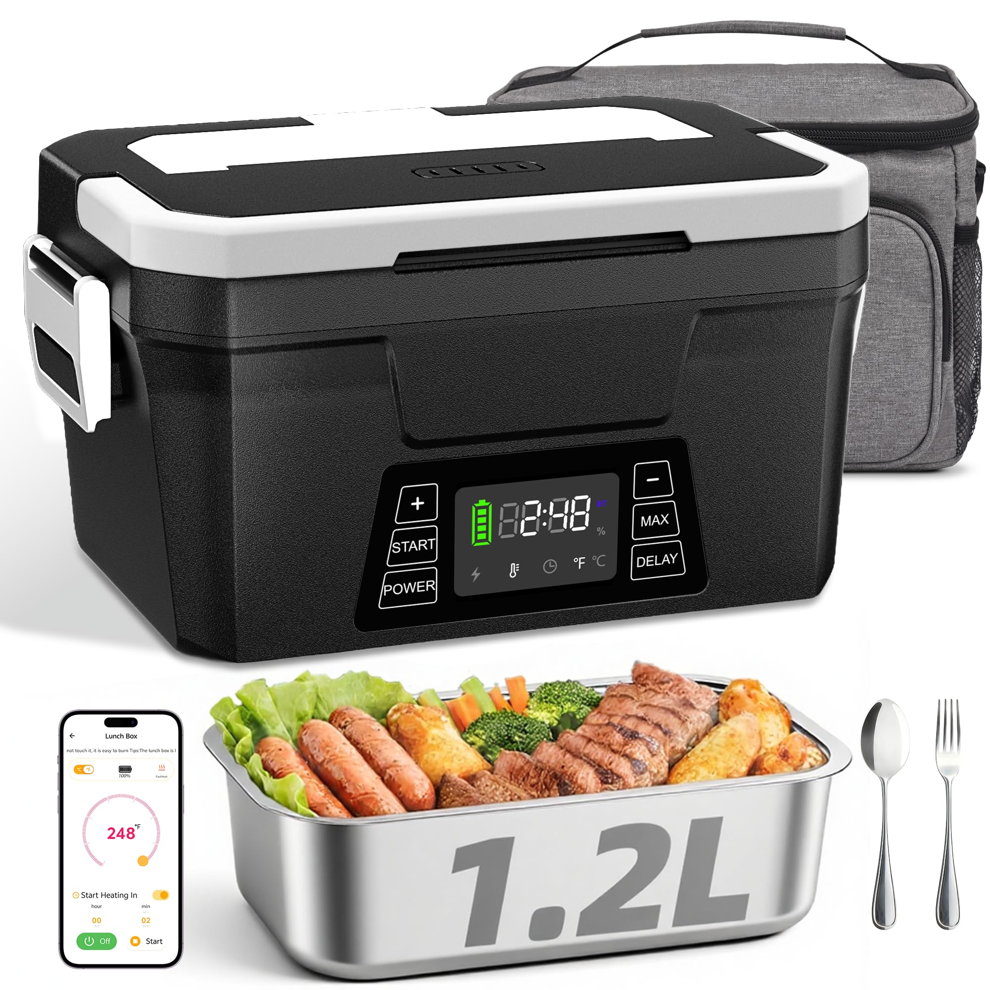 Vabaso Wiederaufladbare Kabellose Elektrische Lunchbox mit App-Steuerung, 10000mAh Batterie, 80W Schnellheizung & Warmhaltefunktion, Selbstaufwärmende Essensbox für Büro, Auto oder Outdoor