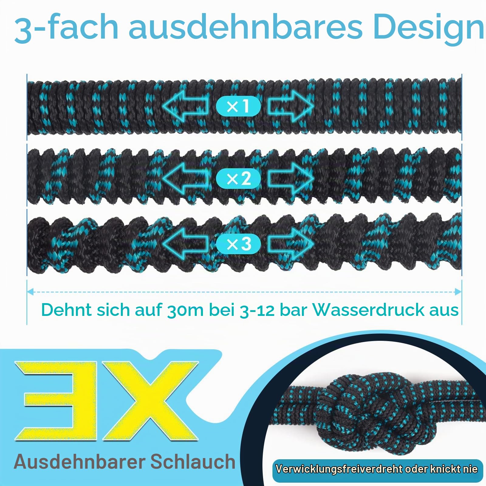 Flexibler Gartenschlauch 100FT 30M,Wasserschlauch Dehnbarer Strapazierfähiger 3750D flexibel Schlauch, mit 3/4" und 1/2"massiven Messingbeschläge 10-Funktionsschlauchdüse,zum Waschen und Gießen
