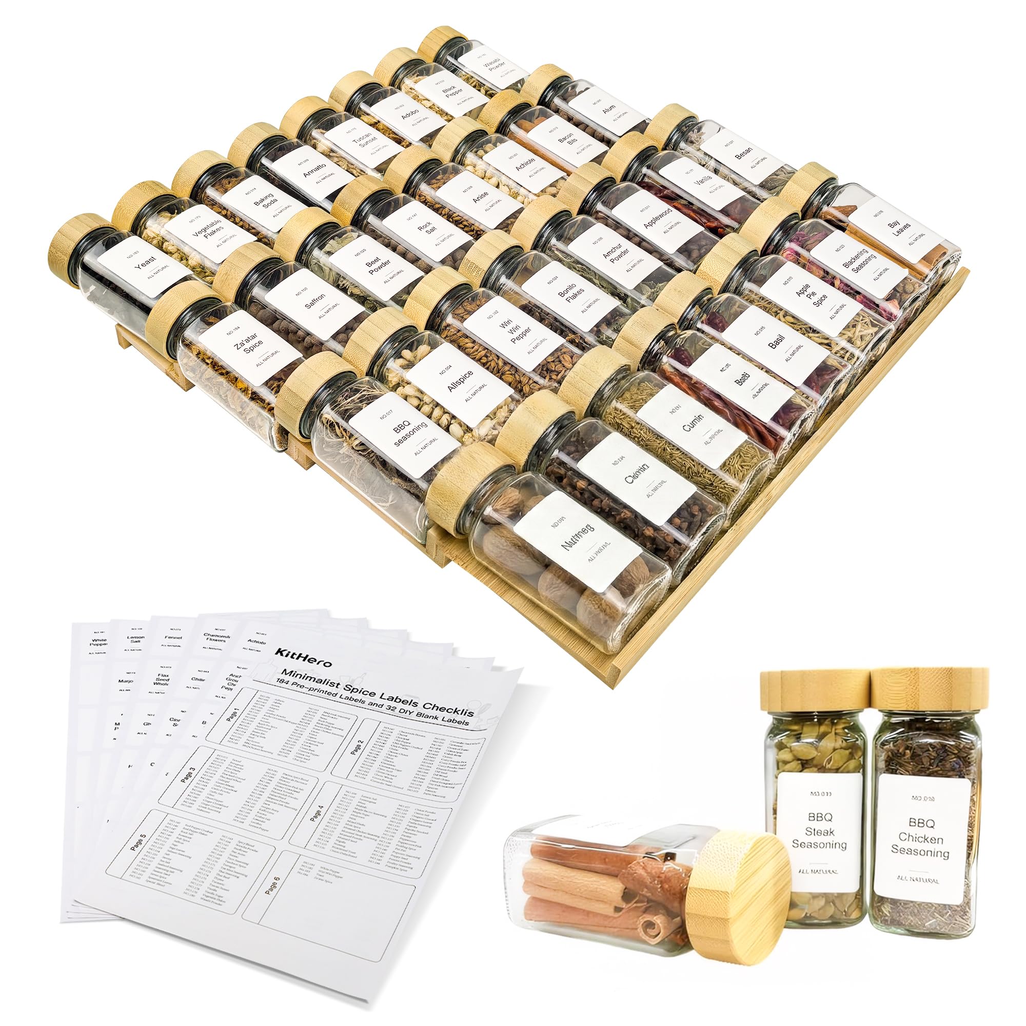 Organizador de cajón para especias con 28 tarros de especias con tapa de bambú, 216 etiquetas, 25 goma antideslizante, bandeja de condimentos de 4 niveles para cajones de cocina, armarios