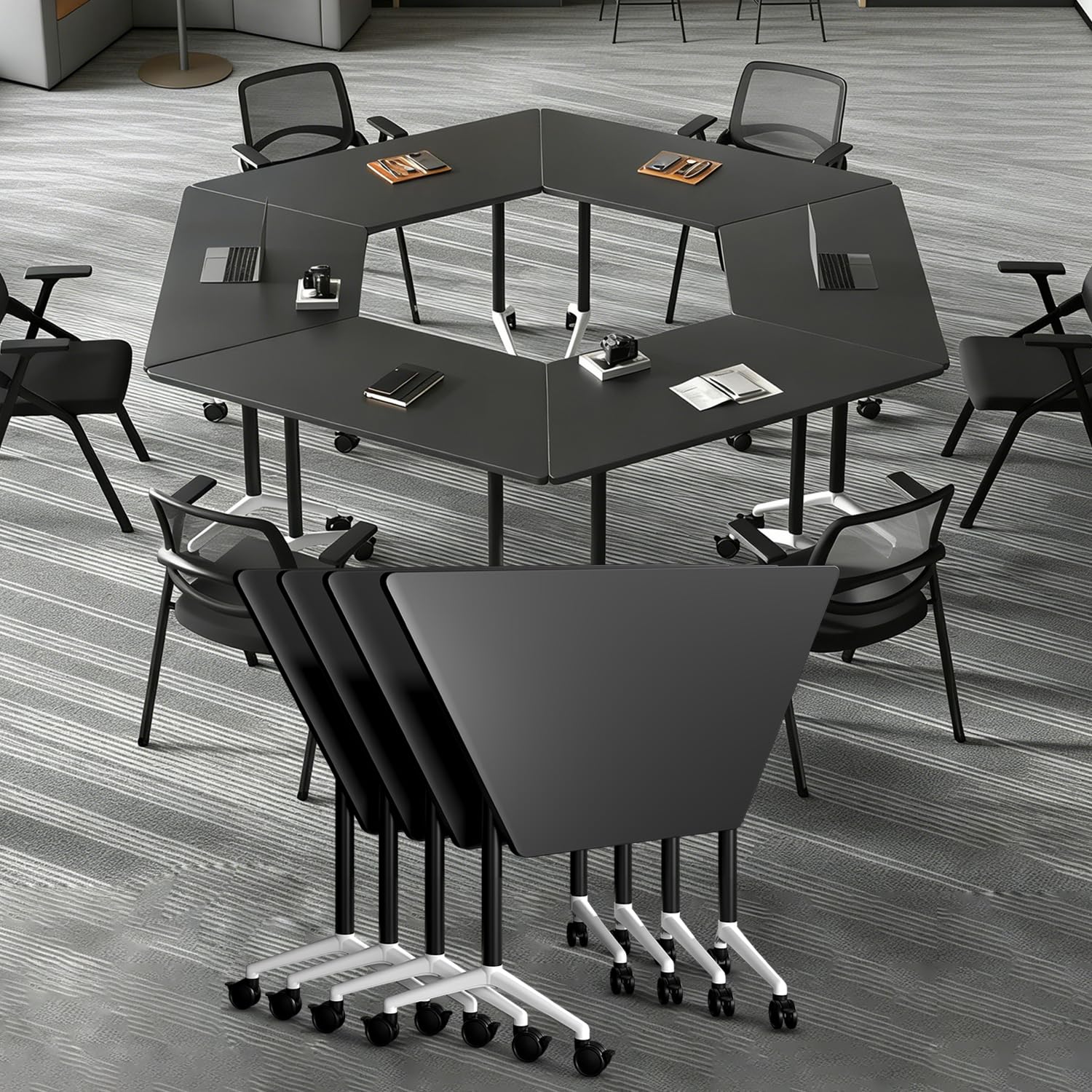 Folding Conference Tables,Flip Top Conference Room Table Mobile Training Tables for 8-10 People,Meeting Table with Silent Wheels for Office Seminar Classroom Tables (8,Dark gray trapezoid,47.2in)