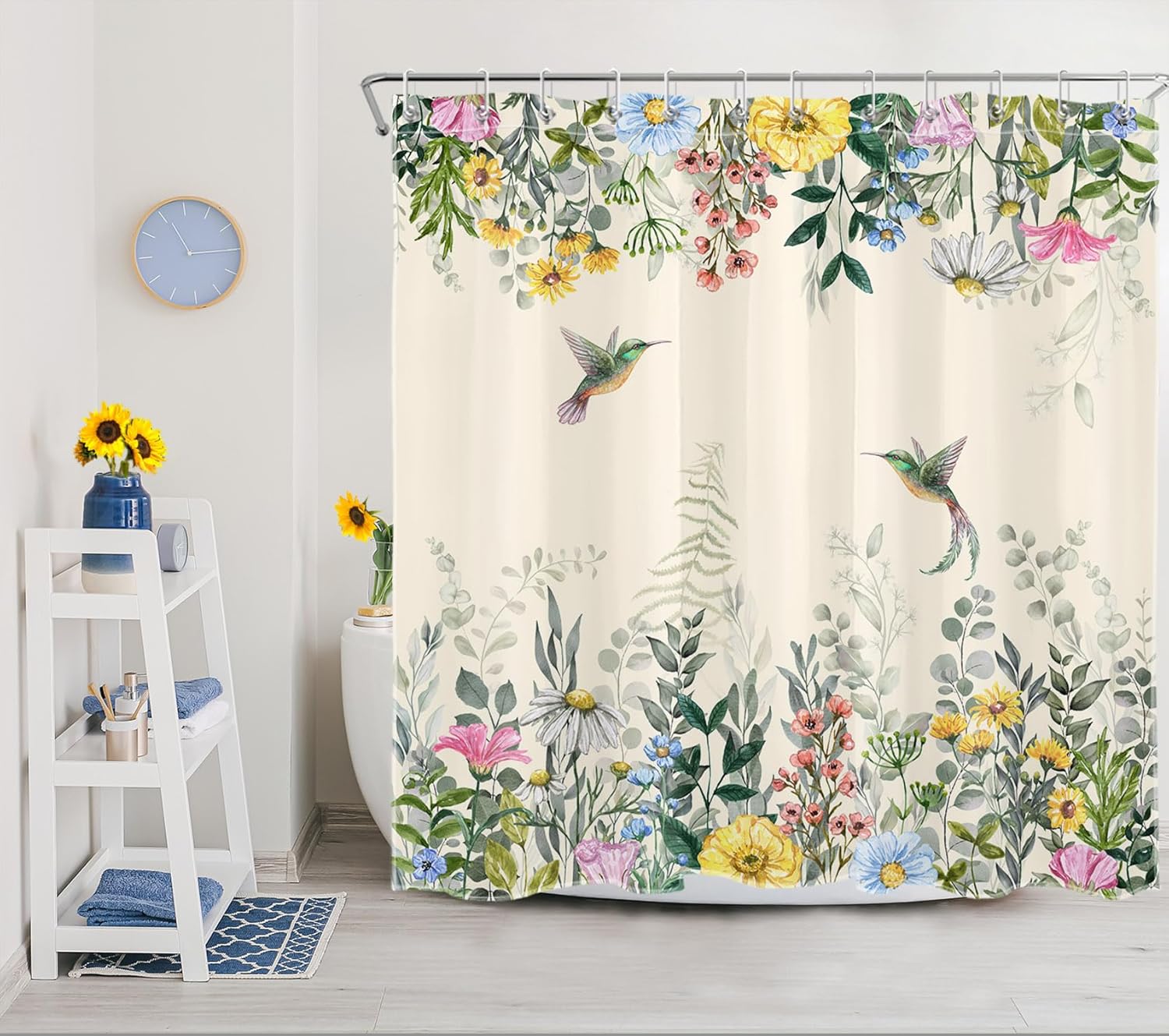 Country Wildflower Shower Curtain Sets with Rugs Daisy Floral Hummingbird and Sage Green Eucalyptus Leaf on Beige Fabric Shower Curtain with Hooks Watercolor Bathroom Curtains Shower Set, 72x72 inches