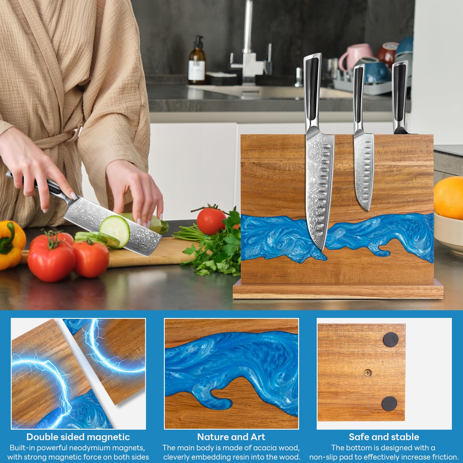 magnetic knife holder - Acacia wood Magnetic Knife Block, Magnetic Knife block stand with double-sided magnetic, blue resin river, 12.59 × 9.84 inches (Without knife) — Amazon image 2