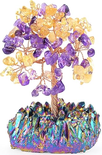 MASGEMES - Árbol de cristal de amatista racimo de cuarzo piedras preciosas de citrino amarillo árbol de titanio bonsái para riqueza y suerte árbol