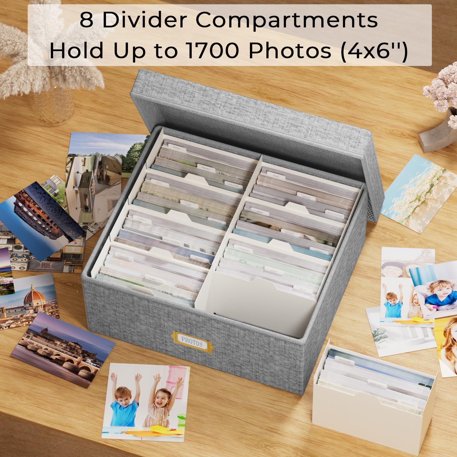 Dekorative Foto-Aufbewahrungsbox, Leinen-Fotobox für 1700 Bilder à 10 x 15 cm, Grau