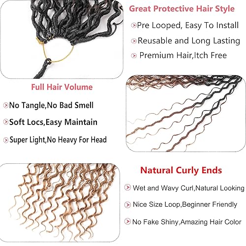 Miniatura 4 de Ahrencan Cabello de ganchillo Boho Goddess Locs de 22 pulgadas, 8 paquetes de tres tonos de pelo sintético de diosa con extremos rizados, cabello