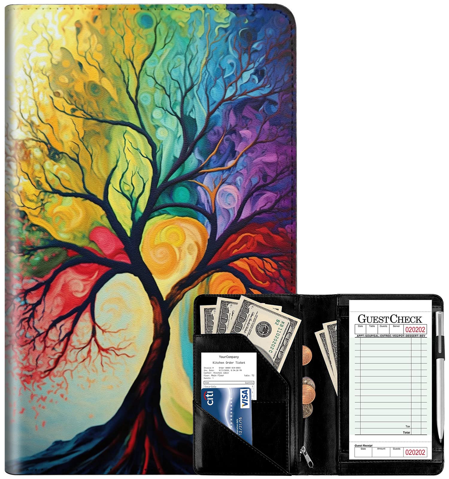 Server Book for Waitress, Leather Waiter Book Server Wallet with Zipper Pocket, Cute Waitress Book & Waitstaff Organizer with Money Pocket Fit Server Apron, Lucky Tree