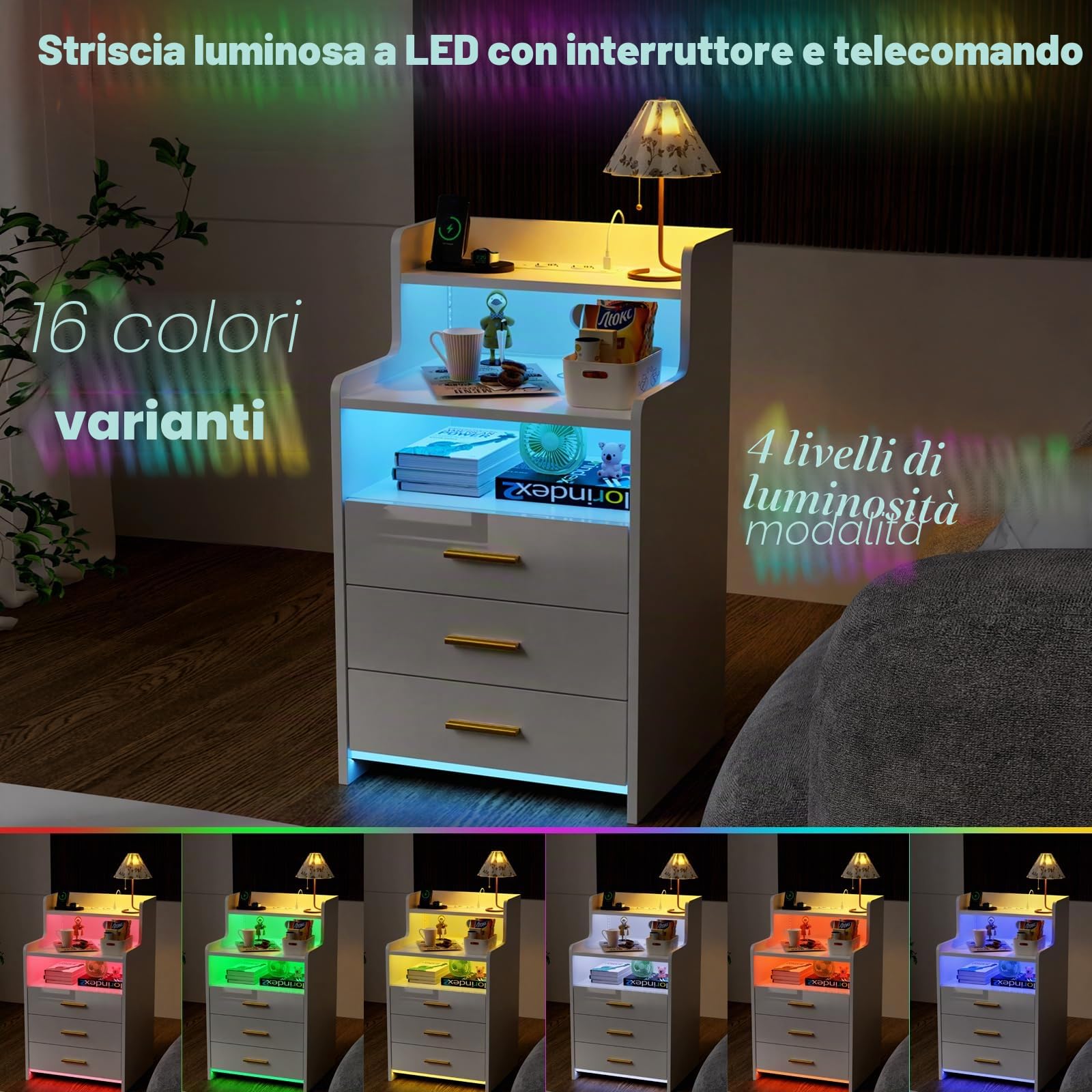 Comodino Camera da Letto Con Stazione di Ricarica, LED Comodini Camera da Letto Moderni con 3 Cassetti, Grande Tavolino da Letto Tavolino da Divano Soggiorno, 40x45x76 cm Comodino Bianco Salvaspazio