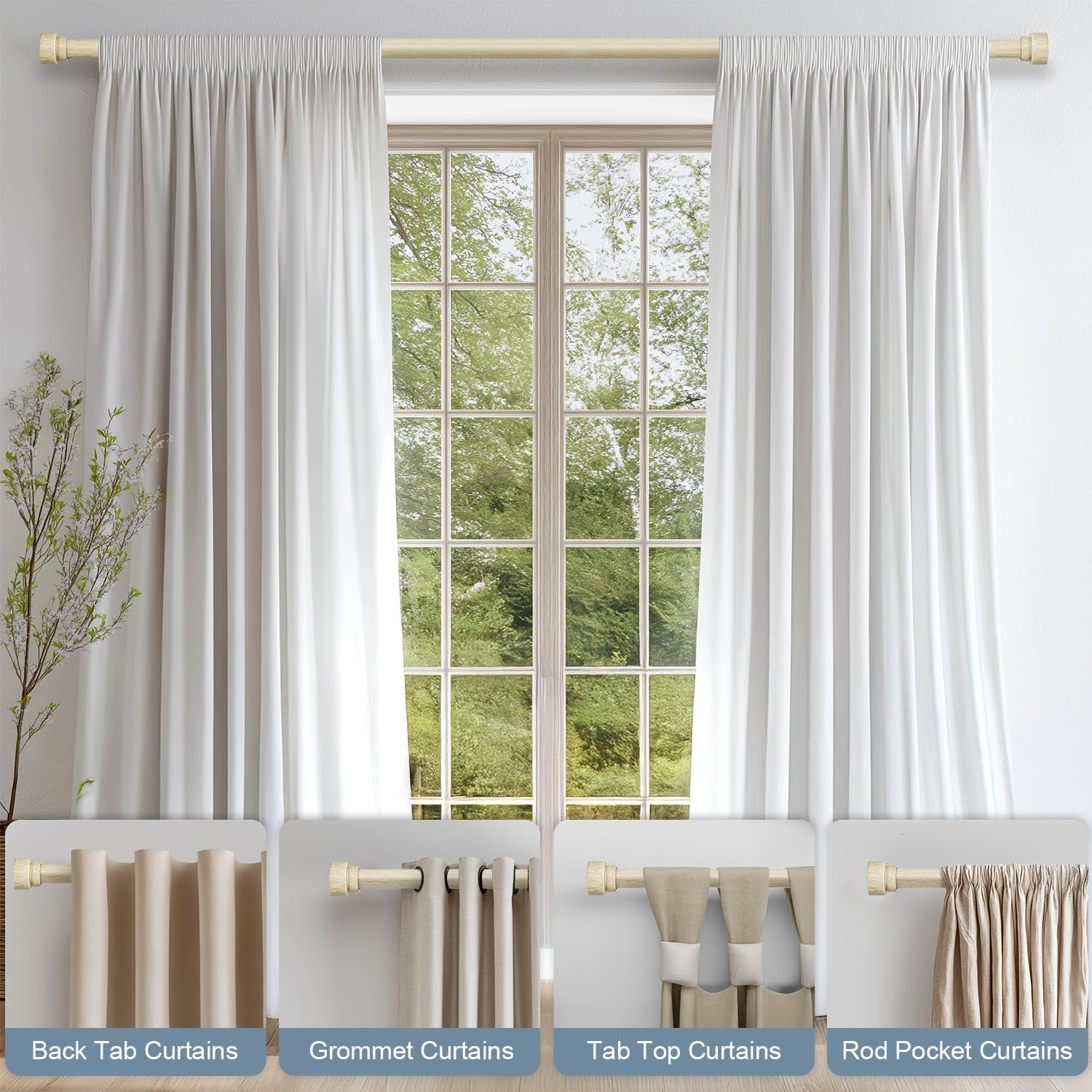 2 Pack White Oak Wood Curtain Rods for Windows 66 to 120 Inches 1" Diameter Boho Decorative Heavy Duty Window Curtain Rod Adjustable with Handmade Wood Grain Design for Living Room Bedroom Kitchen