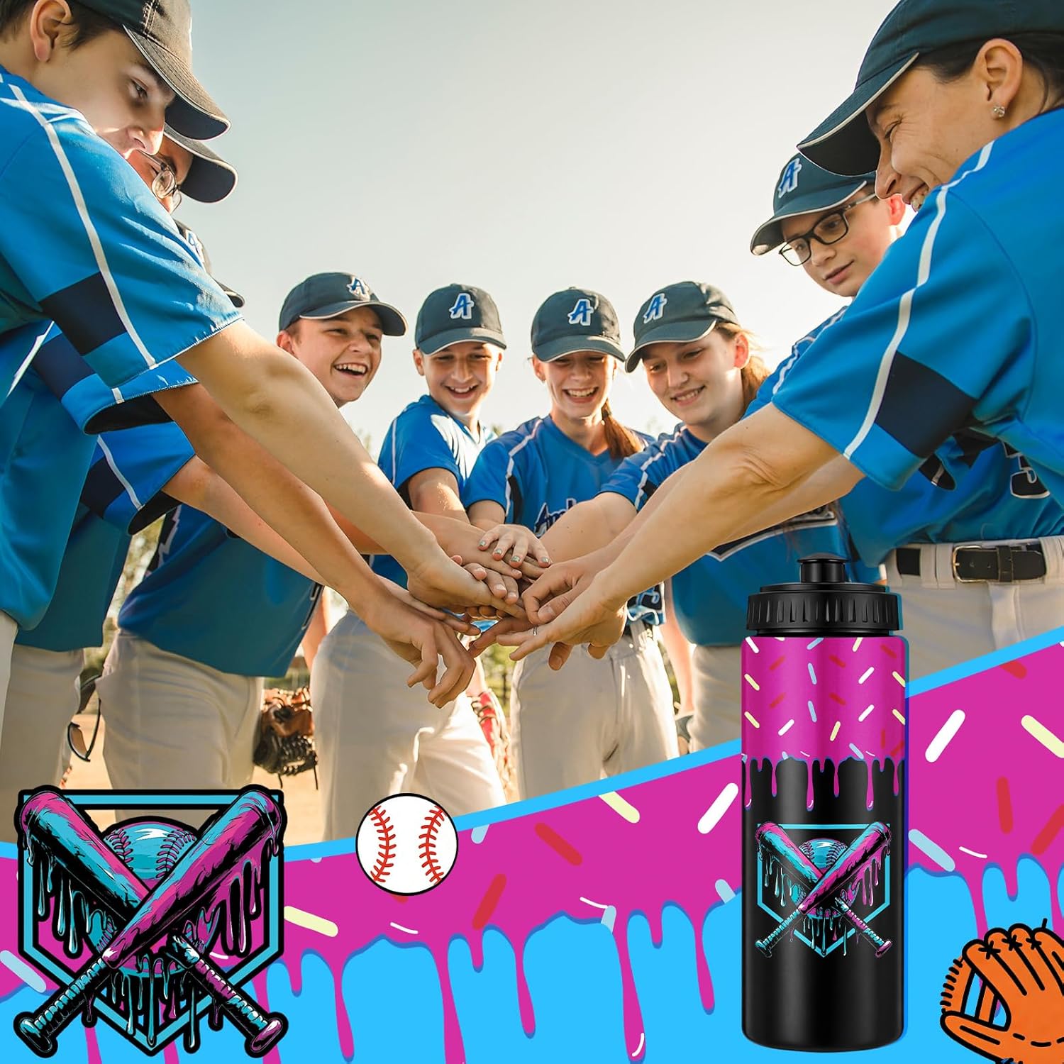12 Pcs Baseball Drip Ice Cream Water Bottle Bulk Birthday Party Reusable Sports Bottle 20 oz Baseball Accessories Gifts School Sports