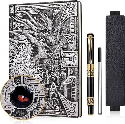 Miniatura 9 de DND - Cuaderno de dragón de cuero en relieve 3D, diario de viaje vintage A5 con funda para bolígrafo y bolígrafo, diario diario diario hecho a mano