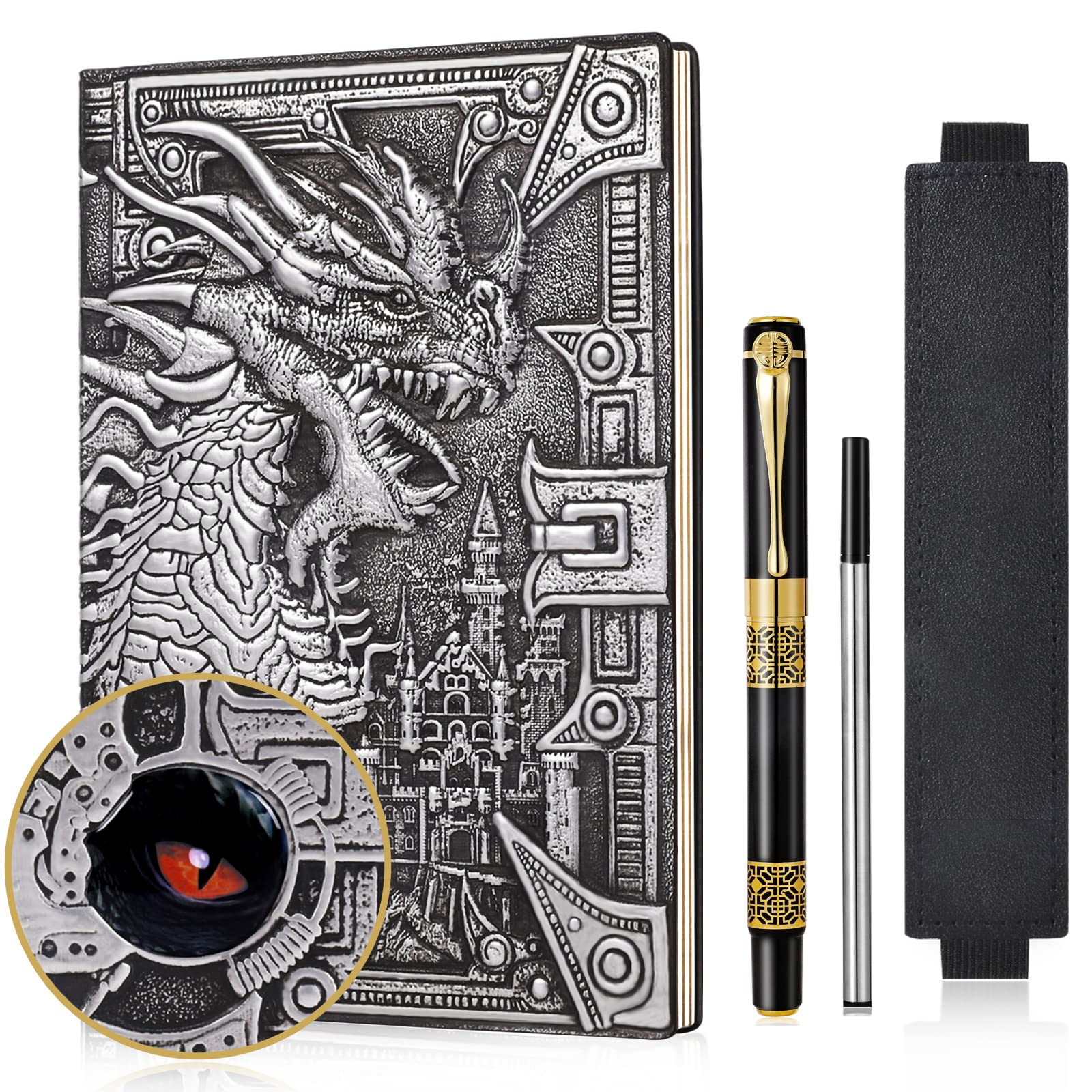 JiaoJiRen DND Dragon Notebook 3D Embossed Leather Journal A5 Vintage Travel Journal with Pen & Pen Sleeve,D&D Handmade Daily Diary Lined Writing