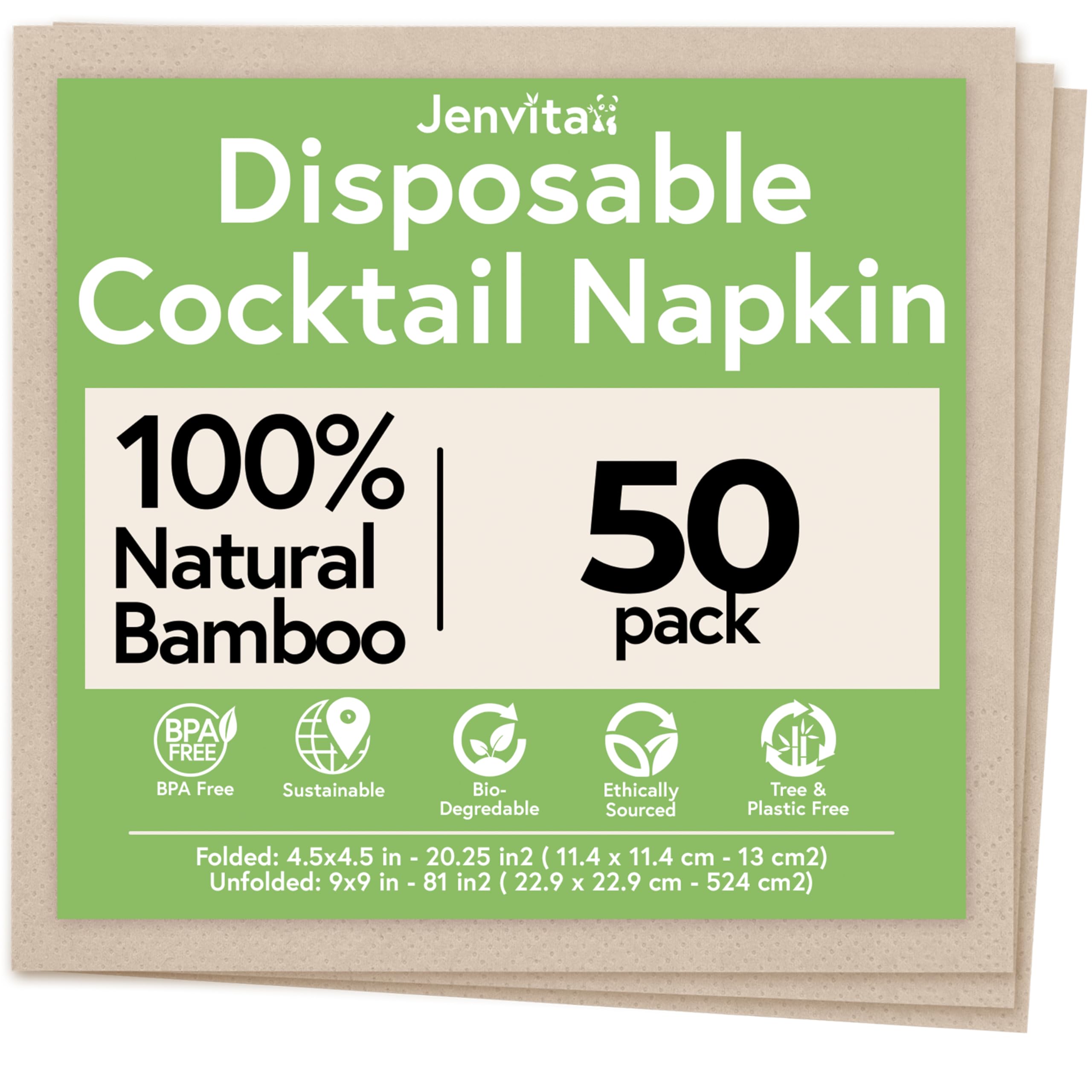 Jenvita 100% Bamboo Disposable Cocktail Napkins (50-Pack) | 2-Ply FSC Certified | Biodegradable Drink Napkins for Party, Home or Commercial Use | 4.5 x 4.5 Inch Folded | Ideal for Serving Drinks