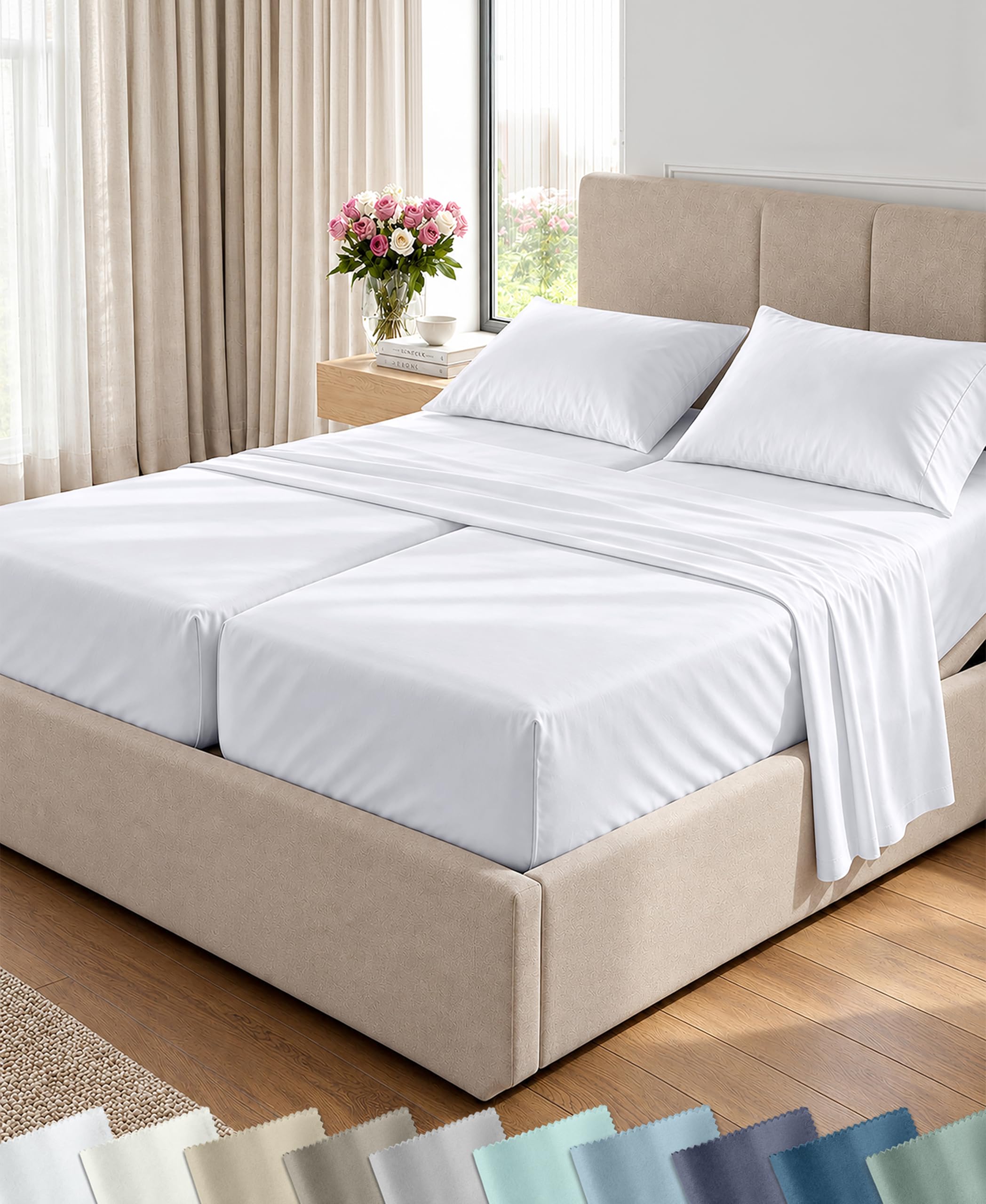 California Design Den 100% Cotton Sateen Split King Sheets, 5 Pcs, White