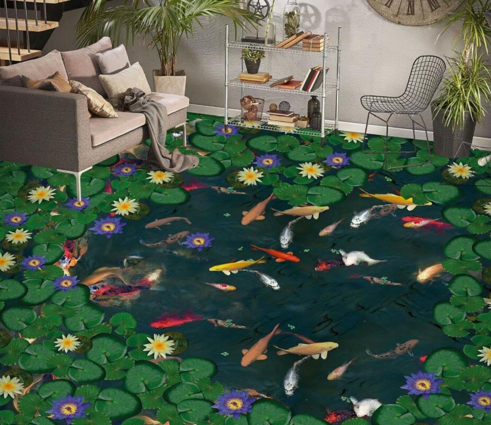 3D Lotus Teich Fisch Bodenaufkleber – Selbstklebend, Wasserdicht, Deko Für Bad & Wohnzimmer