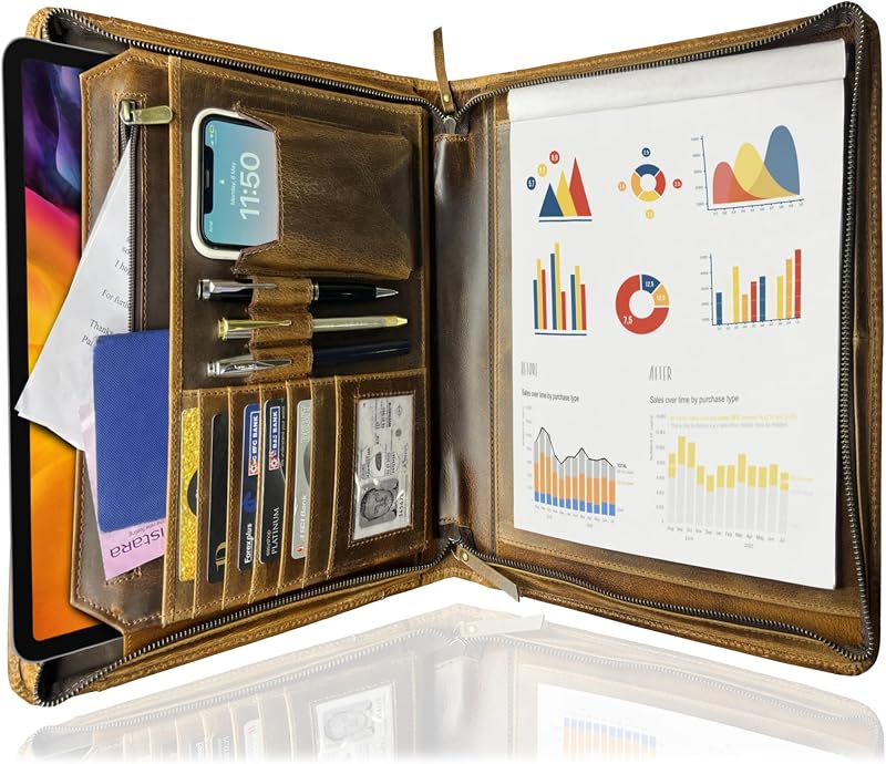 Leather Portfolio for Men - A4 Zippered Padfolio, Professional Organizer | Fits 12.9 inch Tablets/iPad,Secure Pockets for Documents, Cards, Pens & ID, Conference Folder Gift for Graduates & Executives