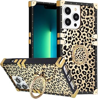 for iPhone 16 Pro Max Case with Ring for Women, Gold Gorgeous Rhinestone Bling Diamond Kickstand for iPhone16 Pro Max 6.9 - Leopard