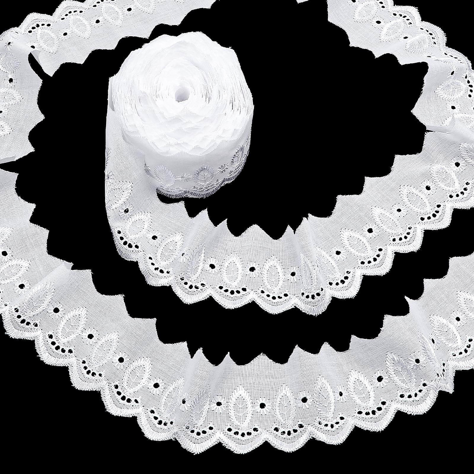 Photo 1 of 15 Yards Cotton Lace Trim, White Eyelet Lace Ribbon Wavy Edge Floral Embroidery Ruffle Laces Trim for Sewing Dress Clothes Bag Dolls Pets Clothes