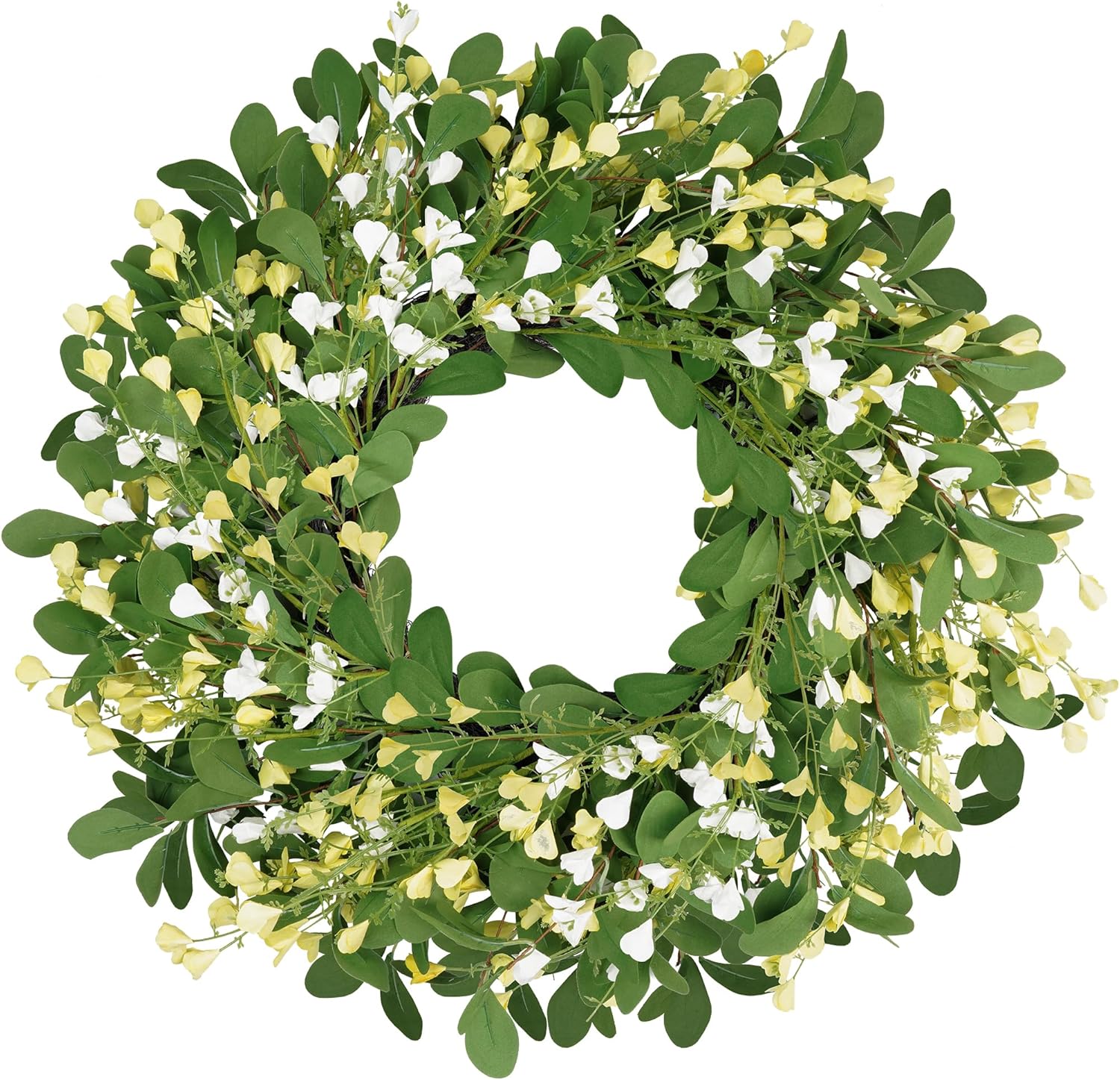 Vlorart Eucalyptus Wreath, 24 Inch Spring Summer Artificial Eucalyptus Floral Wreath with Yellow and White Blossoms for Front Door, Window, Wall, Porch, Farmhouse, All-Season Indoor Outdoor Home Decor