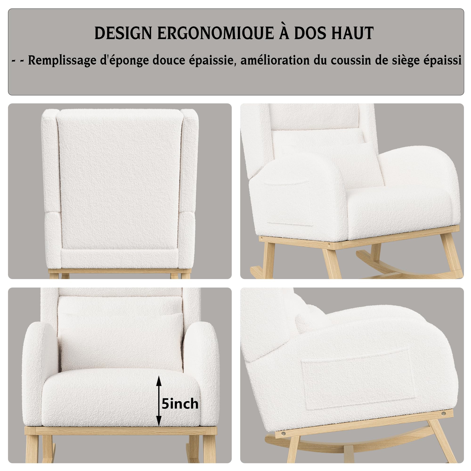 Rocking Chair,Living Room Rocking Chair Interieur,Chaise à Bascule avec Coussin Lombaire, Fauteuil a Bascule Allaitement en Velours Teddy avec Pieds en Bois Massif, Blanc