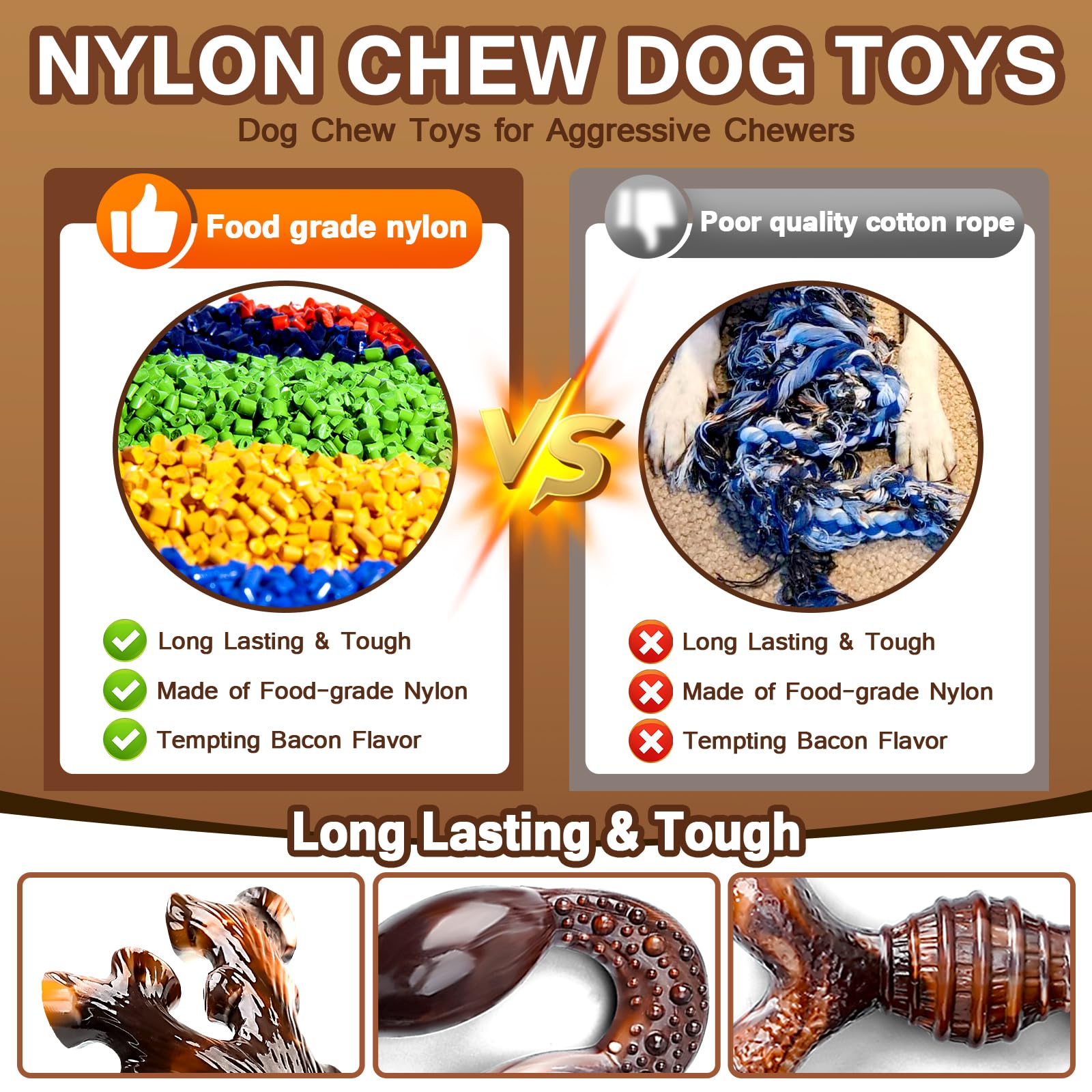 Tough Dog Masticar Juguetes para masticadores agresivos, paquete de 4, juguetes masticables indestructibles con sabor a tocino para perros medianos/medianos, juguetes masticables de hueso de
