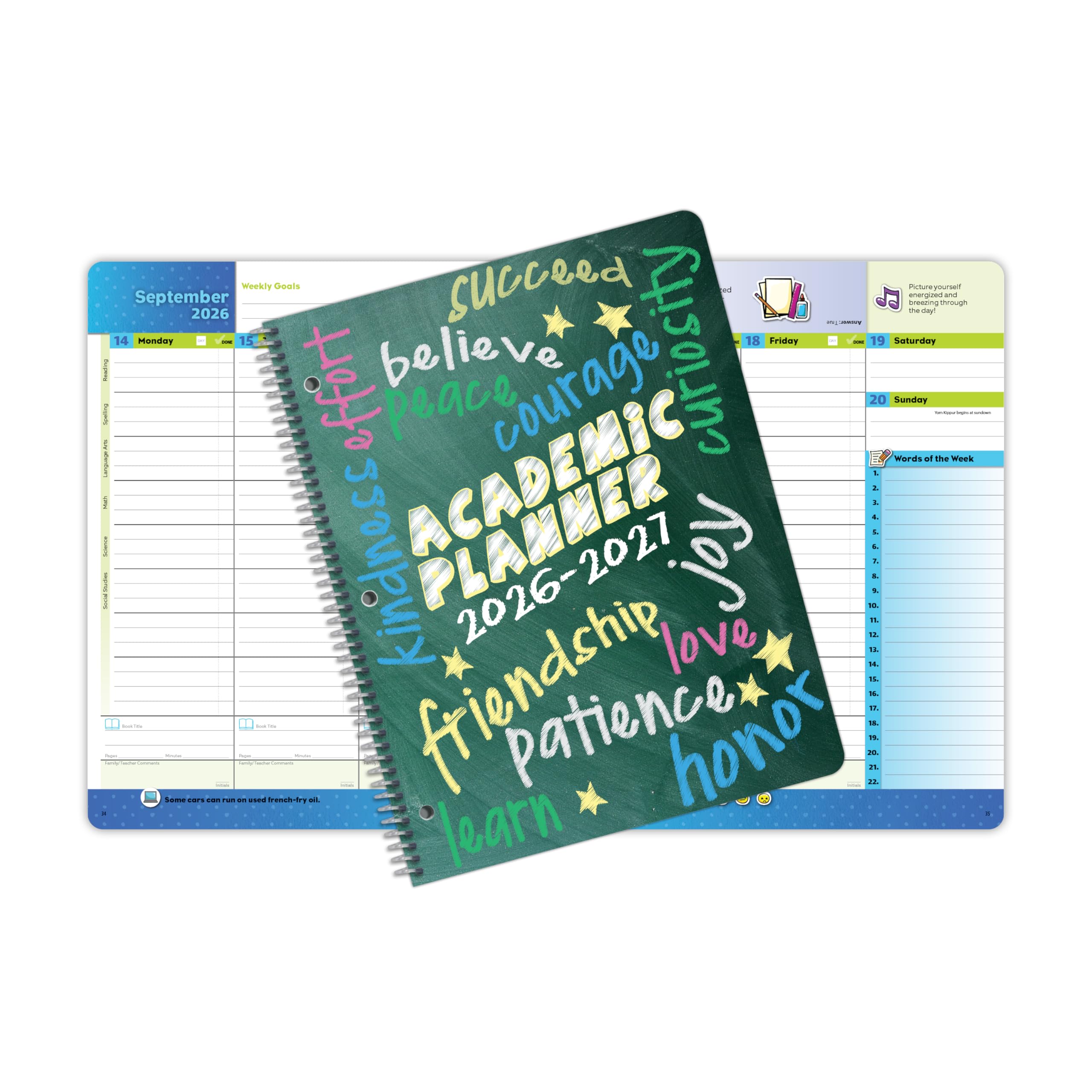 Planificador de estudiantes de primaria 2026-2027, año escolar académico, tamaño grande (8.5 x 11 pulgadas), libro de datos estilo matriz con cubierta clásica de matriz primaria