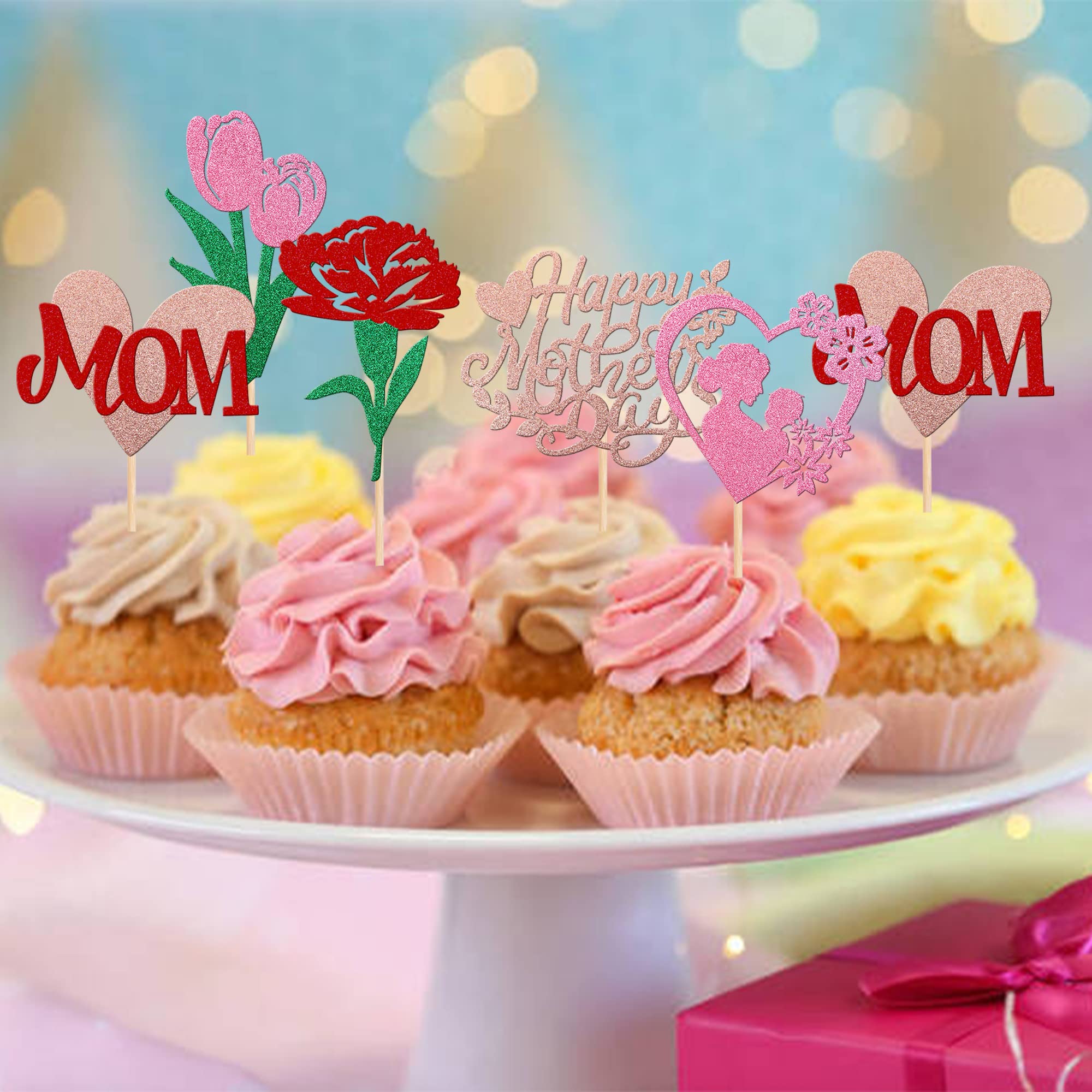 Lot De 24 Décorations Cupcake Paillettes Fête Des Mères - Pics à Cupcakes Happy Mother's Day, Idéales Pour Anniversaire Et Fêtes