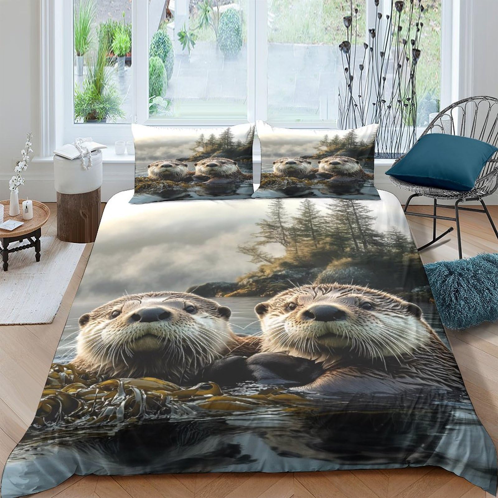 Ctjqhvkz Style-10 3D Printed Otter Forest Fitted Sheet Microfiber Soft Animal River Mattress Cover For Bedroom Dorm Bed Decor Single（135X200cm）