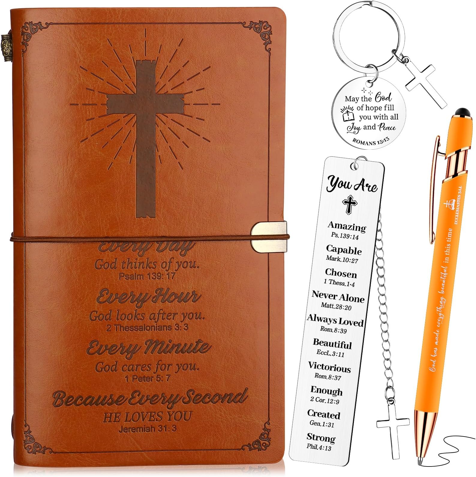 4 Pcs Christian Gift for Men Christian Notebook Bible Leather Journal Notebook with Bible Ballpoint Pen Religious Bookmarks Bible Verse Keychain Inspirational Back to School Gifts for Church