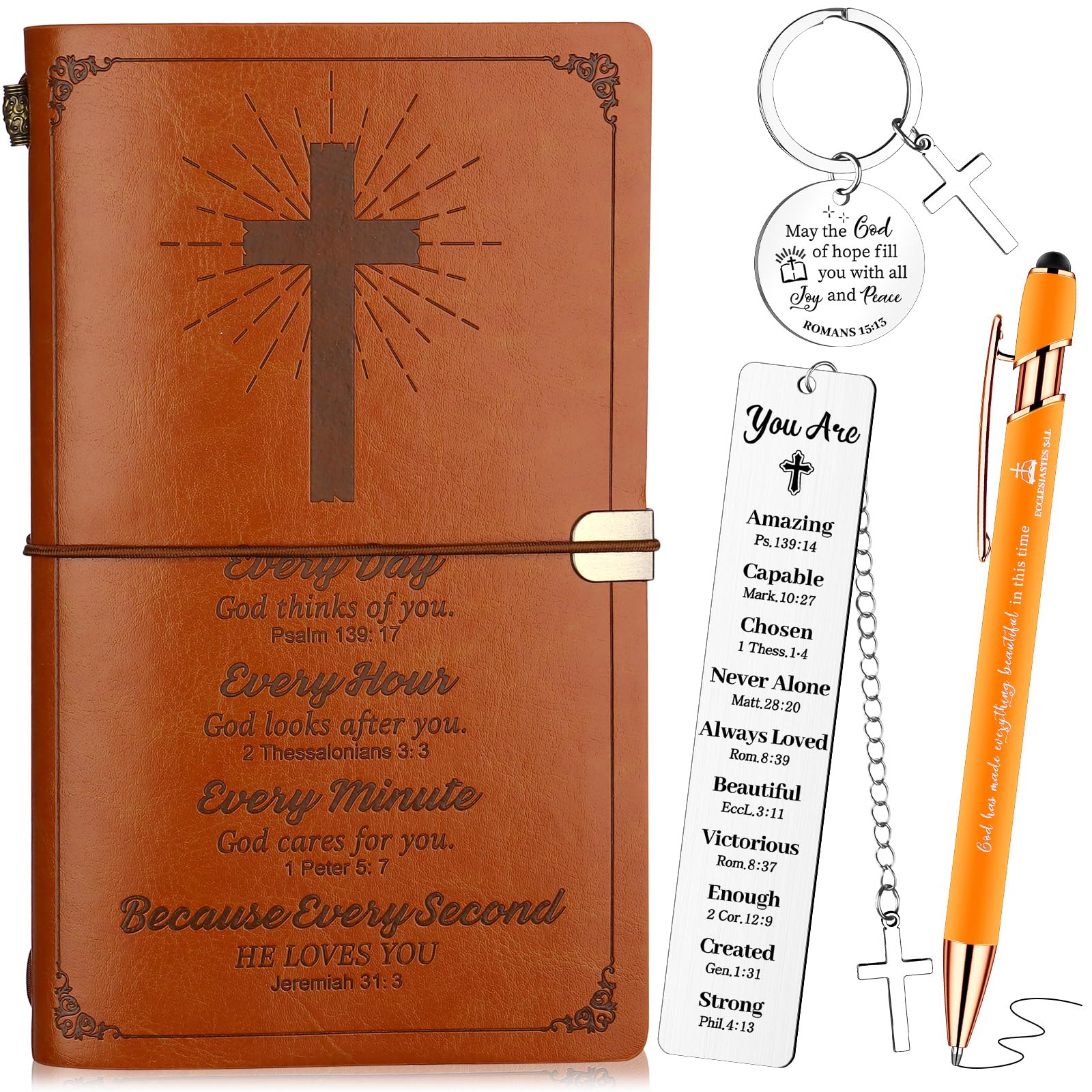 4 Pcs Christian Gift for Men Christian Notebook Bible Leather Journal Notebook with Bible Ballpoint Pen Religious Bookmarks Bible Verse Keychain Inspirational Back to School Gifts for Church
