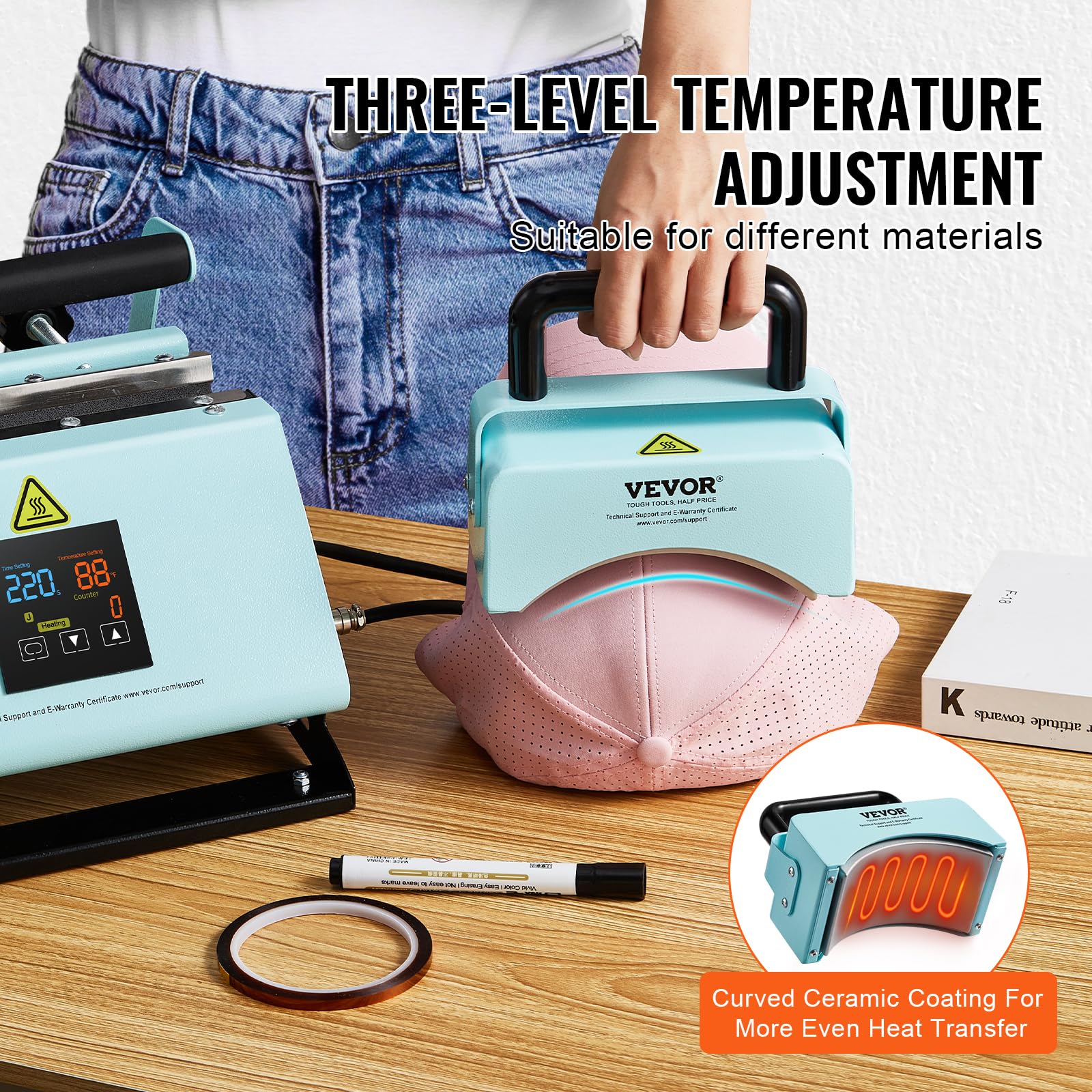 VEVOR 2 en 1 Máquina de Prensado Térmico para Vasos y Gorras Mini Prensa Térmica para Sombreros Prensa Térmica para Vasos y Tazas de Sublimación de 11-30 oz, Control de Temperatura y Tiempo, Verde