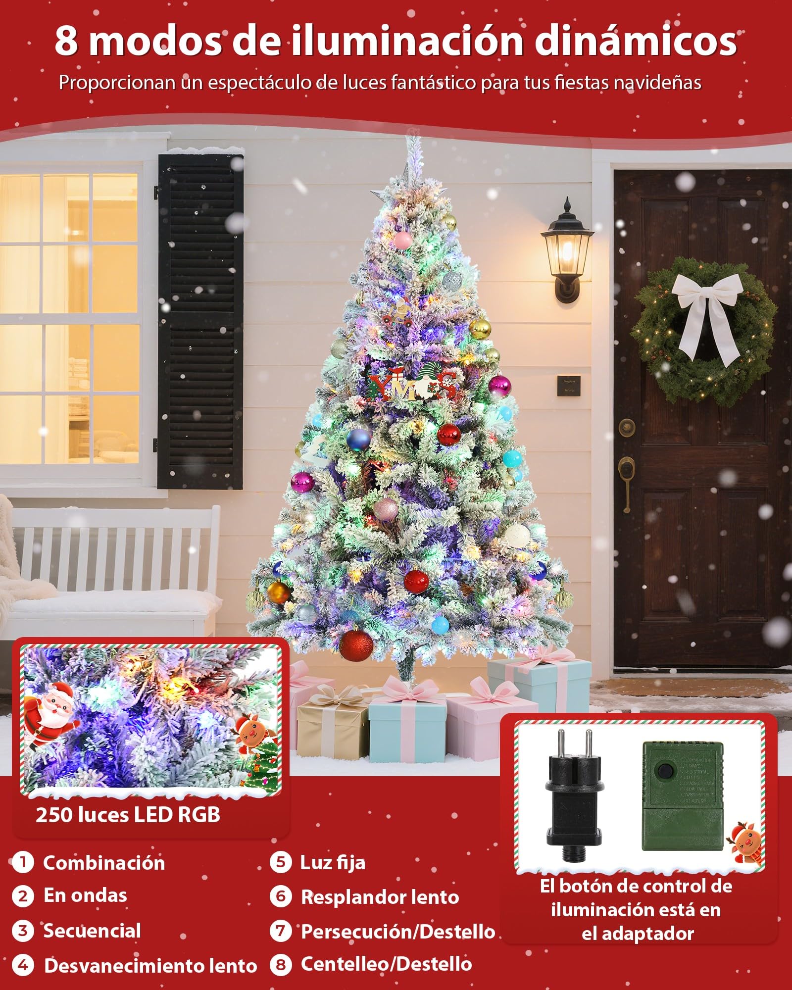 Himimi 180cm Árbol de Navidad Artificial con Iluminación, 250 Leds RGB, 8 Modos de Iluminación, Árbol de Navidad Artificial con Nieve, 1000 Ramas PVC, Decoración Navideña para Casa Oficina(Blanco)