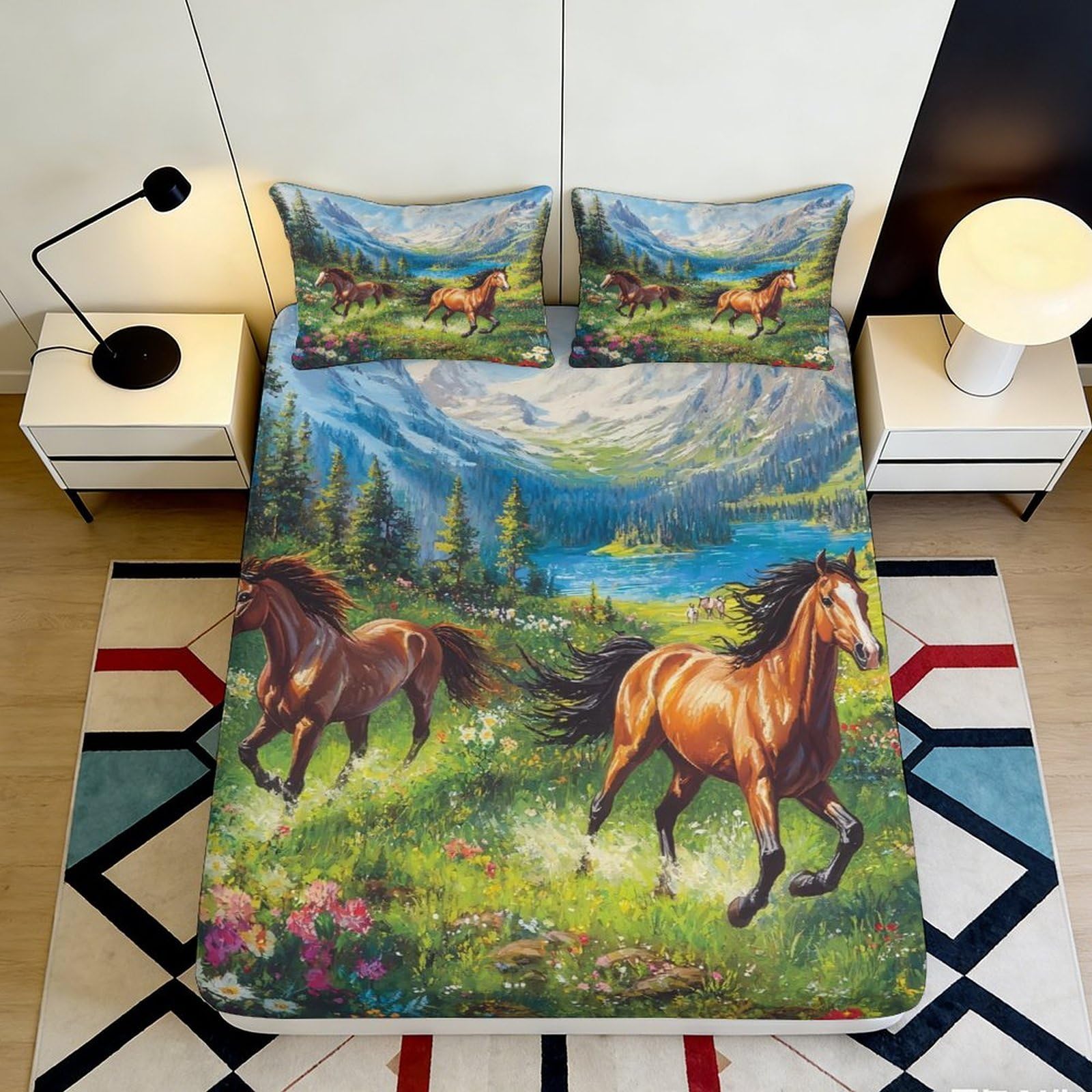 3D Printed Horse Meadow Fitted Sheet Microfiber Soft Bed Cover Nature Landscape for Bedroom Guest Room Decor 90x200x25cm