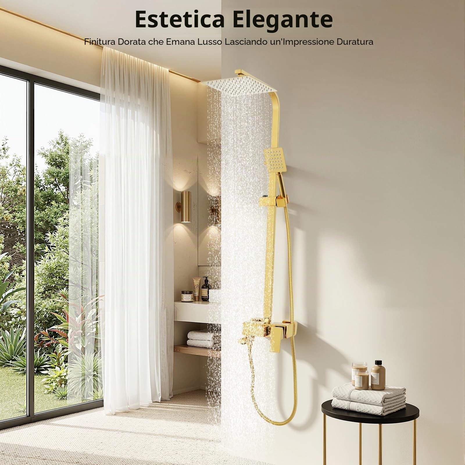 Sistema doccia in acciaio inossidabile - Doccia effetto pioggia - Con doccetta dorata - Colonna doccia regolabile in altezza - Per casa e hotel