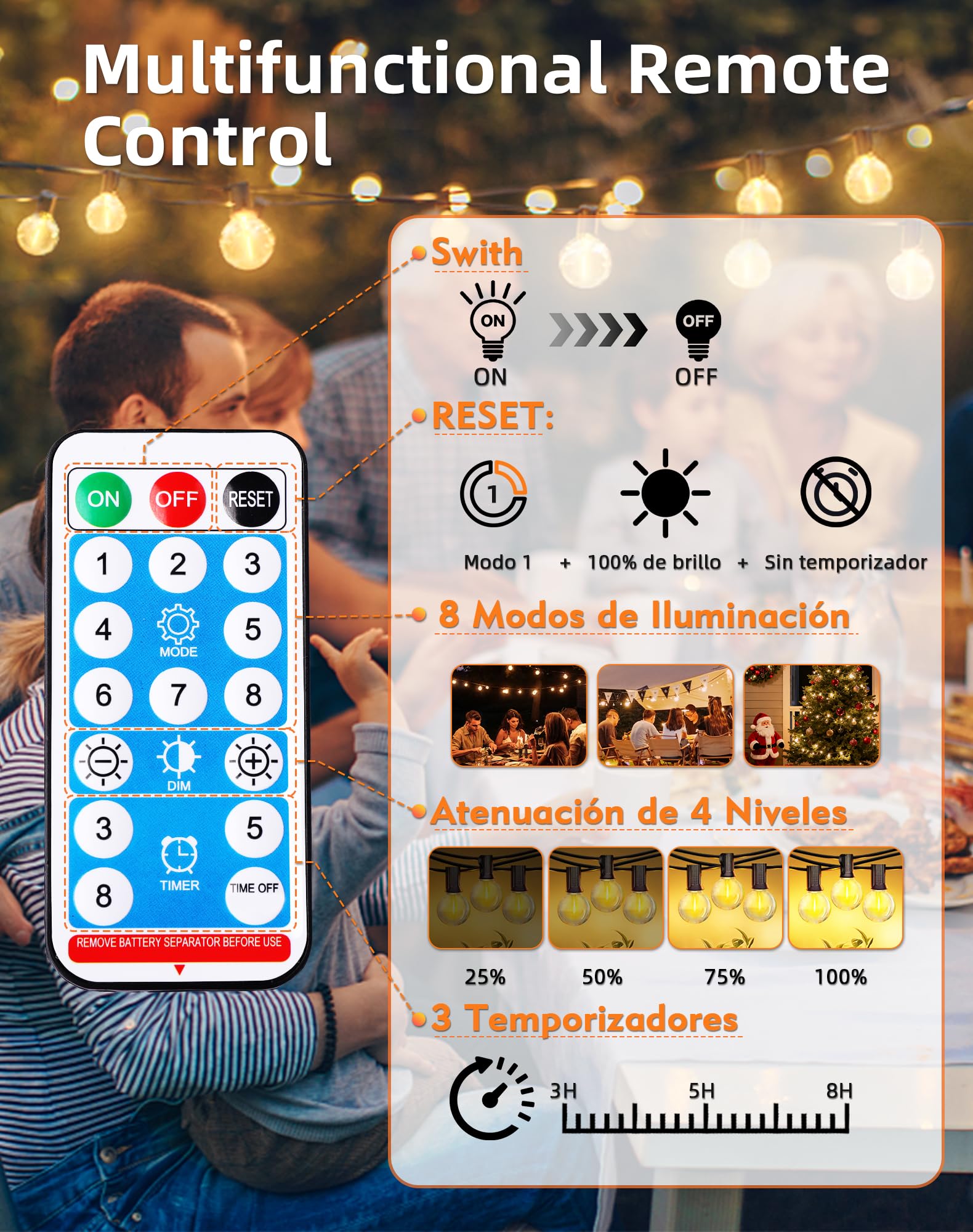 Guirnaldas Luces Exterior Solar 15M 25+3 LED G40 Bombillas Cadena Luces Jardín con Batería 3600 mAh, IP44 Impermeable, 8 Modos, Control Remoto Luz Decoración para Terraza, Patio, Boda, Fiesta