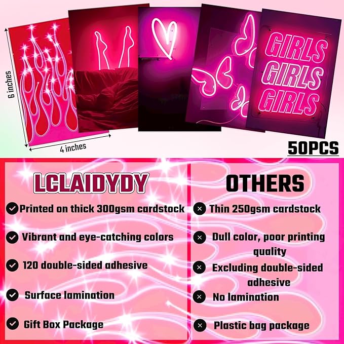 Aesthetic Wall Collage Kit: 50 Pink Neon Pics for Teen Girls
