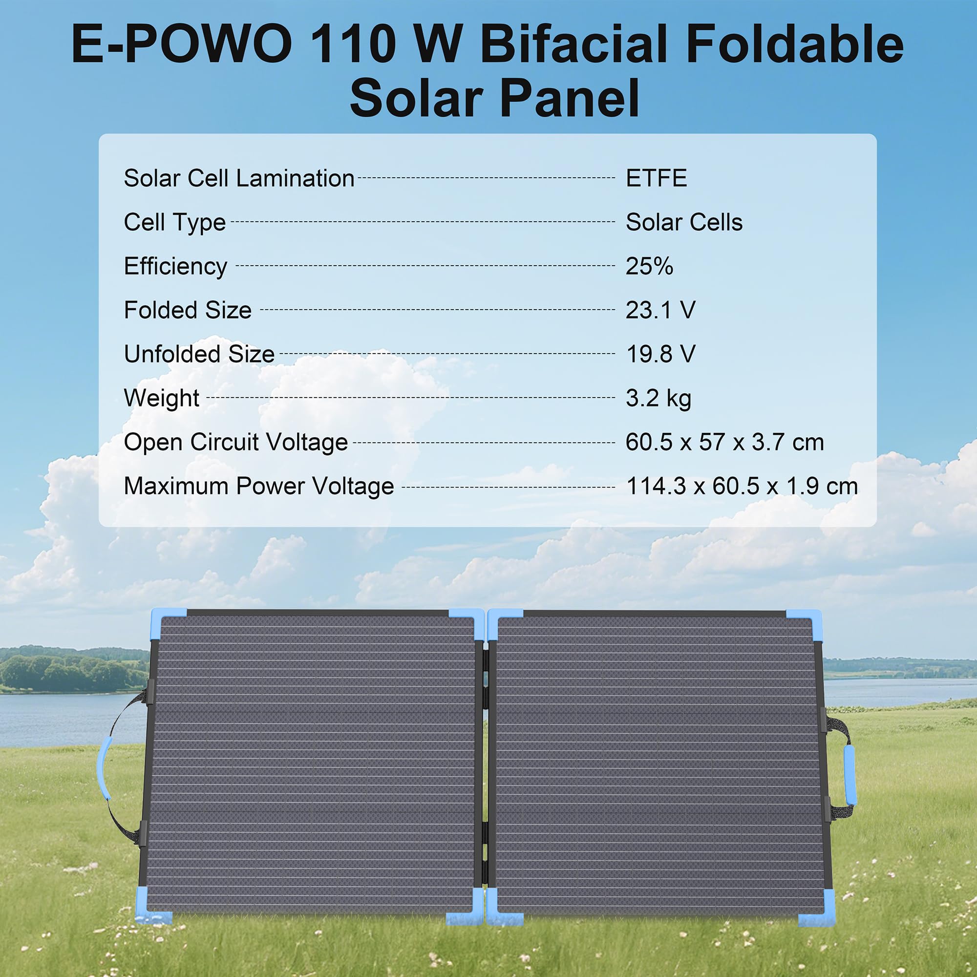 Panel solar bifacial plegable de 110 W, 25% de eficiencia, IP68 resistente al agua, panel solar monocristalino portátil de 20 V con cable de salida MC4 y soporte reforzado para estación de potencia