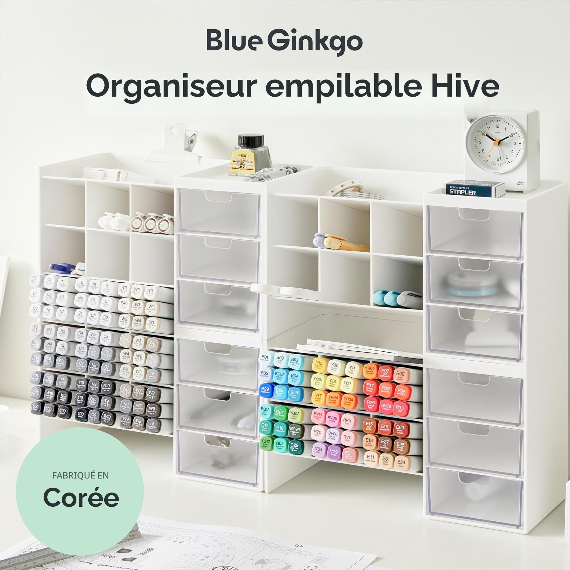 BLUE GINKGO Hive Stack Desk Organizer – Porte-stylos empilable avec tiroirs – Rangement bureau, fournitures scolaires, maquillage (Fabriqué en Corée, Blanc Transparent)