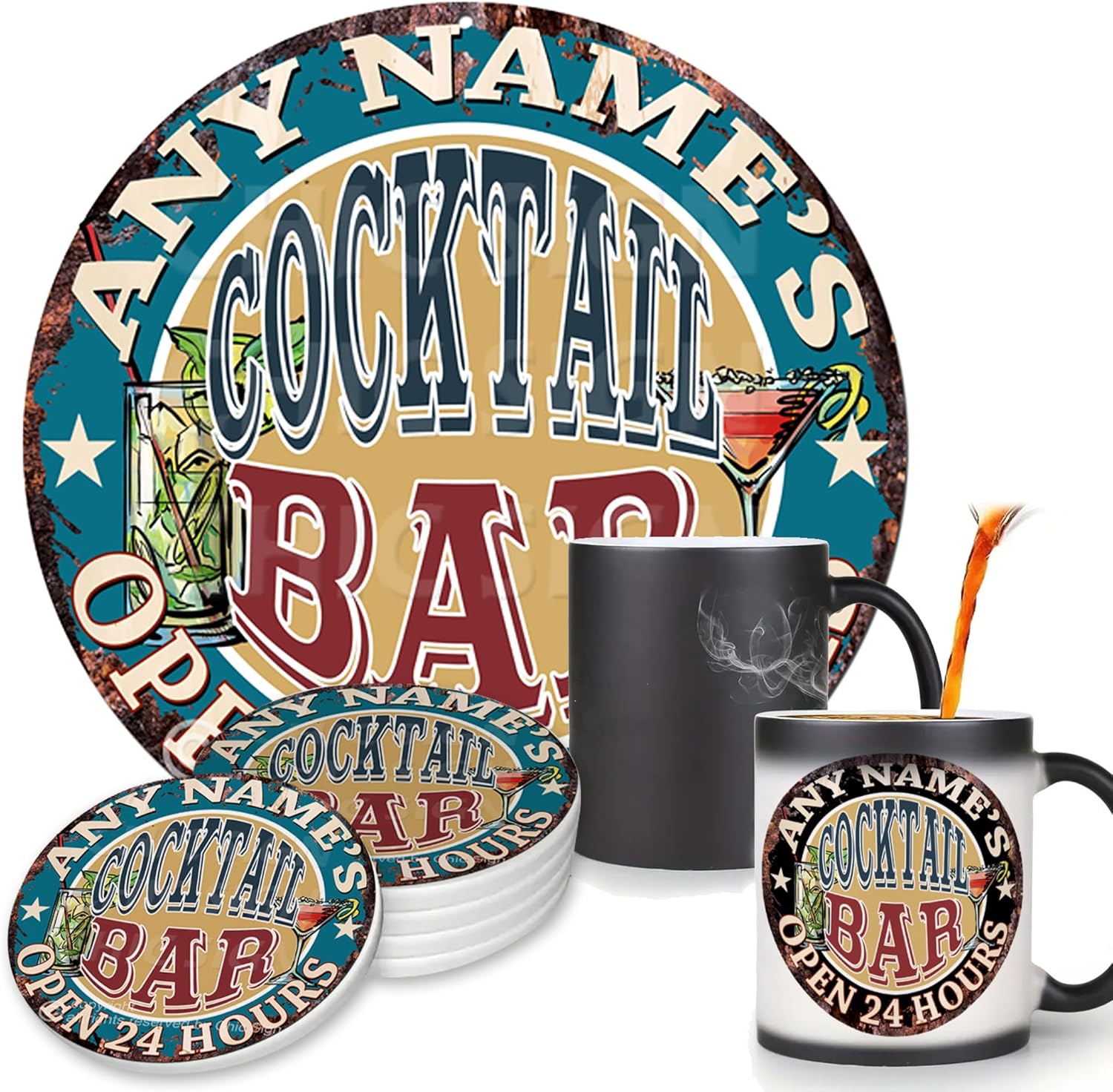 Any Name’s Any Text Cocktail BAR – Tazas personalizadas para Chic Sign Rústico, estilo vintage, retro, cocina, bar, pub, cafetería, decoración de