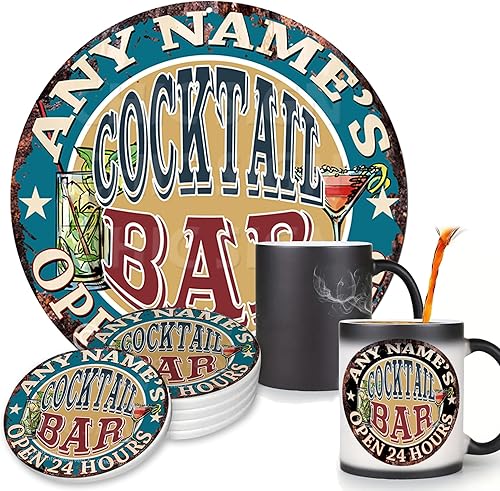Any Name's Any Text Cocktail BAR - Tazas personalizadas para Chic Sign Rústico, estilo vintage, retro, cocina, bar, pub, cafetería, decoración de