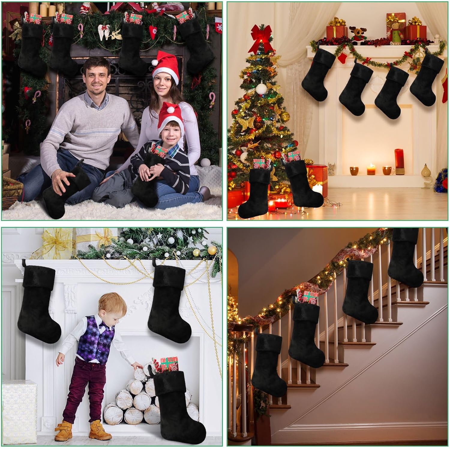 12 Pcs Christmas Stocking 18'' Bulk Thick Plush Fabric Hanging Christmas Stocking Decorations for Xmas Holiday Family Party Tree Fireplace Classic Ornaments (Black)