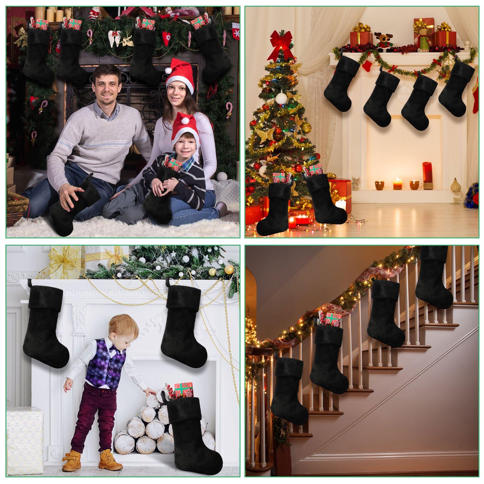 12 Stück schwarze Weihnachtsstrümpfe, 45,7 cm, große Weihnachtsstrümpfe, dicker Plüschstoff, hängende Strümpfe, schwarze Weihnachtsdekorationen für Weihnachten, Urlaub, Familie, Party, Baum,