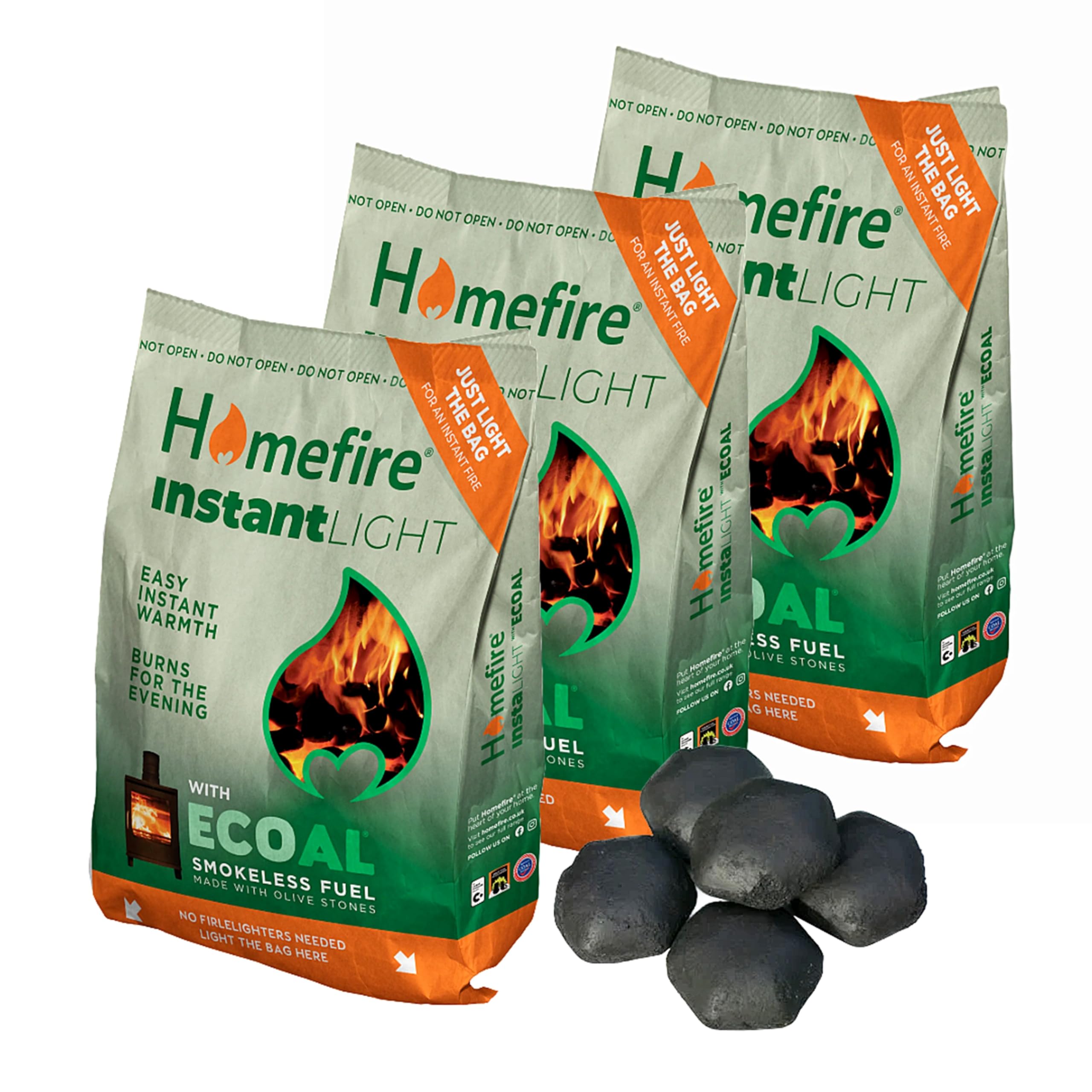 Instant Light Smokeless Coal Fire - Very Easy To Light 3 x 3kg Smokeless Ecoal Fuel Made with Olive Stones for Open Fire and Multi Fuel Stoves. Suitable for Smokeless Zones, Burns over 3hrs