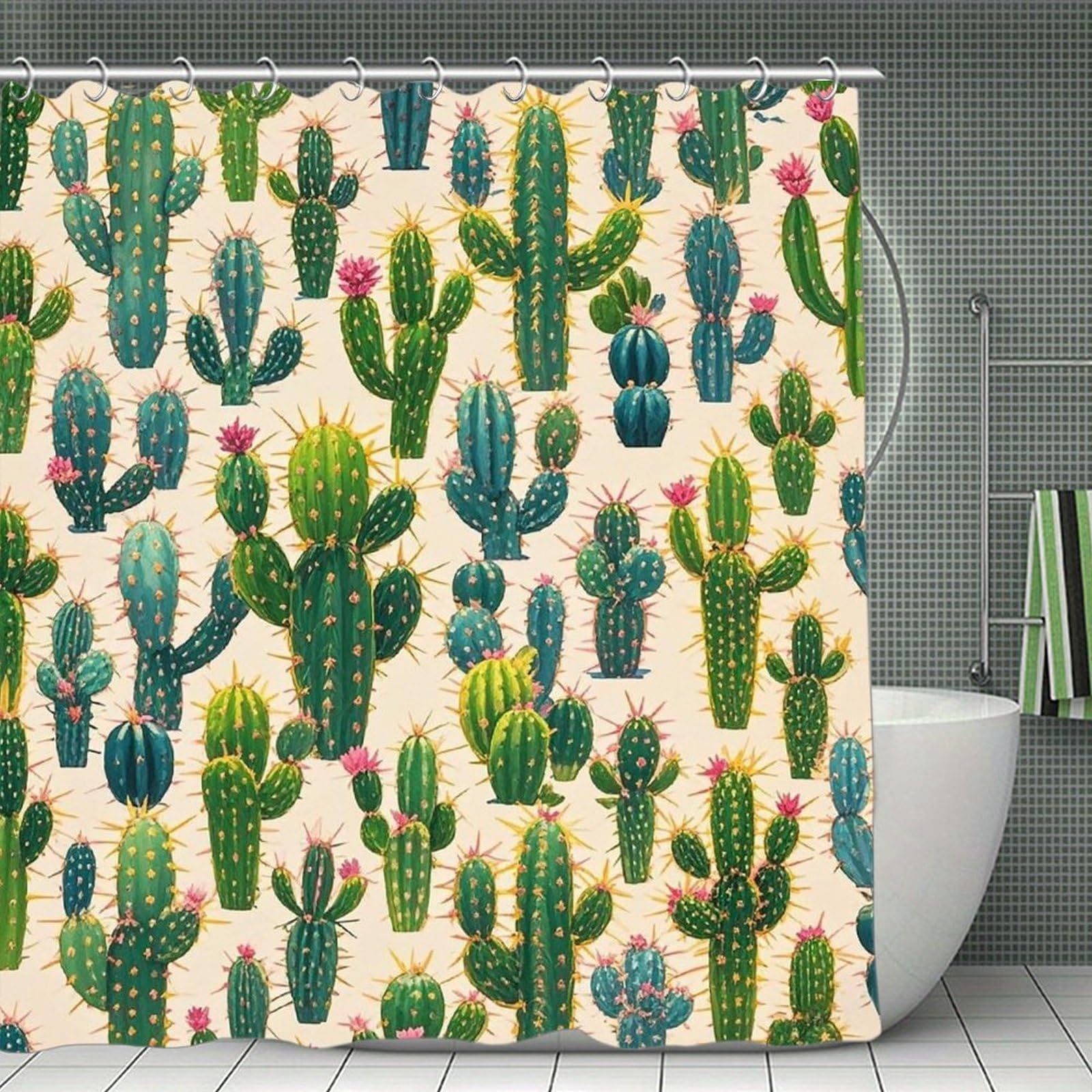 QMNLKH Cactus Pattern Shower Curtain with Hooks, Waterproof Bath Curtains for Bathroom, Lightweight Bath Curtains Liner for Hotel, Personalized Bath Curtain for Spa, 70.8 Inch