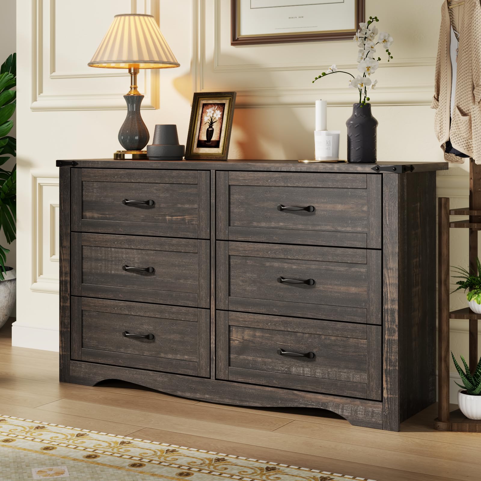 Loomie Farmhouse 6 Drawers Double Dresser for Bedroom, Modern White Dresser Chest of Drawers, Wide Dressers Organizer, Accent Storage Cabinet for Closet, Living Room, Hallway, Dark Rustic Oak