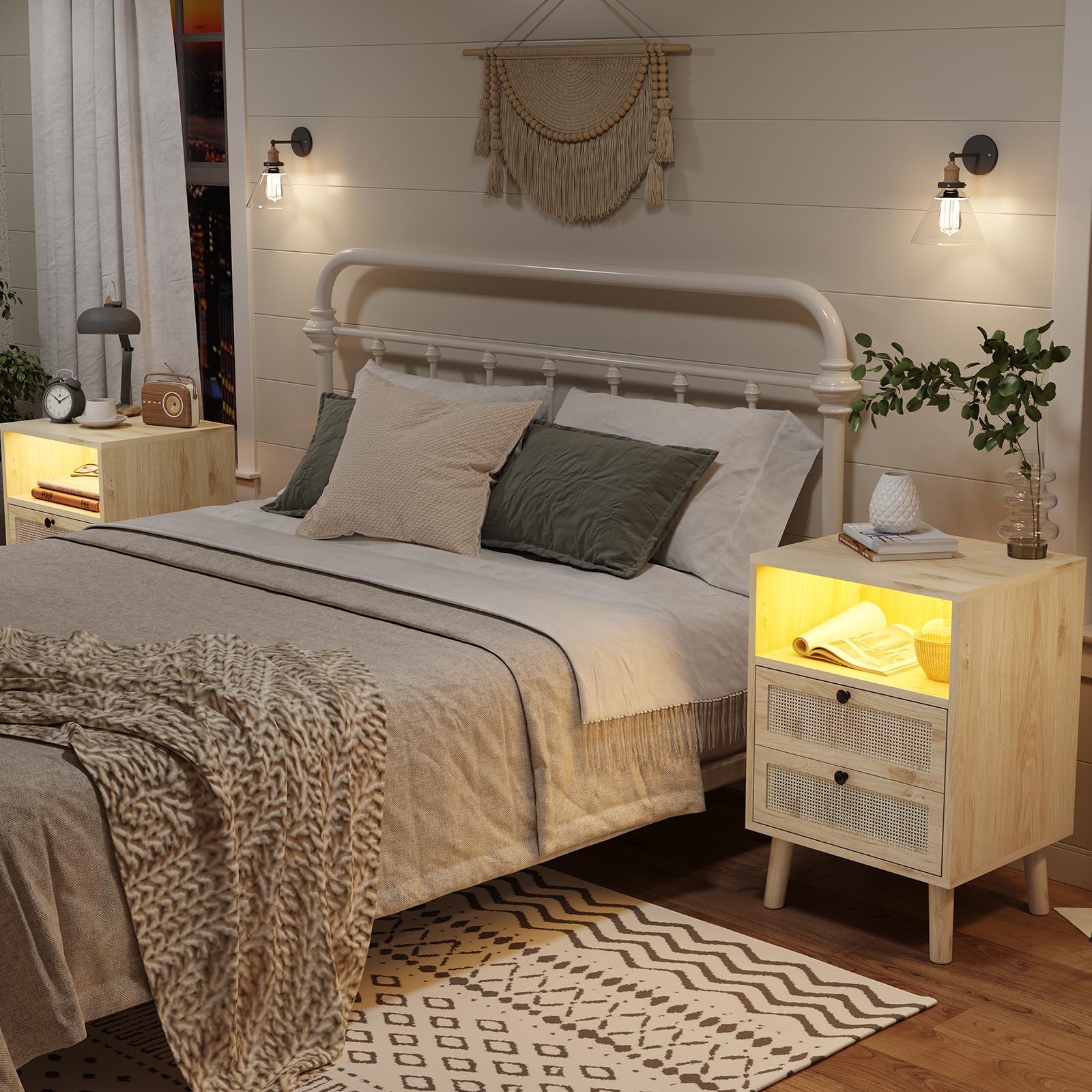 AOGLLATI Comodino Rattan Set di 2 con 2 Cassetti e Scomparto Aperto, Comodino Piccolo con Luci LED, Comodini in Legno Tavolo Laterale Stretto con Gambe in Pino per Soggiorno, Camera da Letto