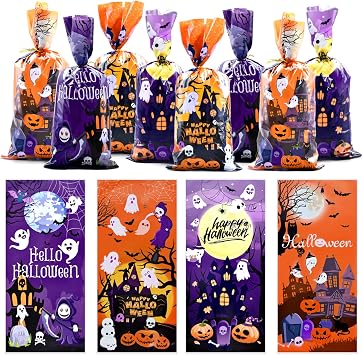 160 Pcs Halloween Cellophane Candy Bags - 4 Patterns Cute Treat Bags with Twist Ties, Trick or Treat Goodie Snack Gift Bags for Halloween Party Favors, Holiday Gift Wrapping, and Spooky Supplies