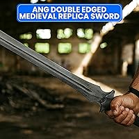 Vista 5 de SZCO espada Xiphos oscura de 37” – Espada medieval réplica de doble filo completa con vaina de cuero, hoja de acero con manganeso, mango envuelto